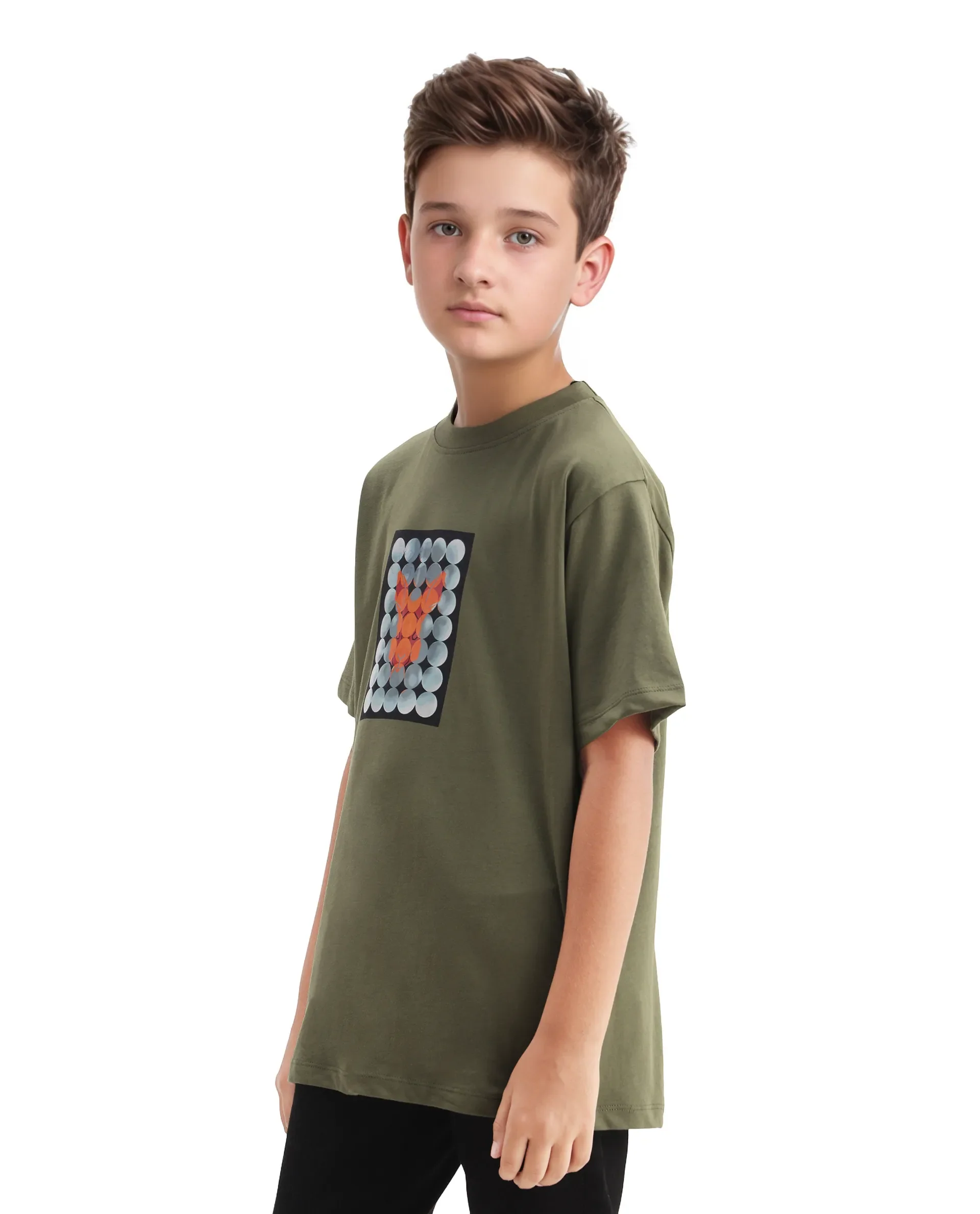 Rare Ones Kids Locon-K Olive Cotton Graphic Print Regular Fit T-Shirt - Image 3