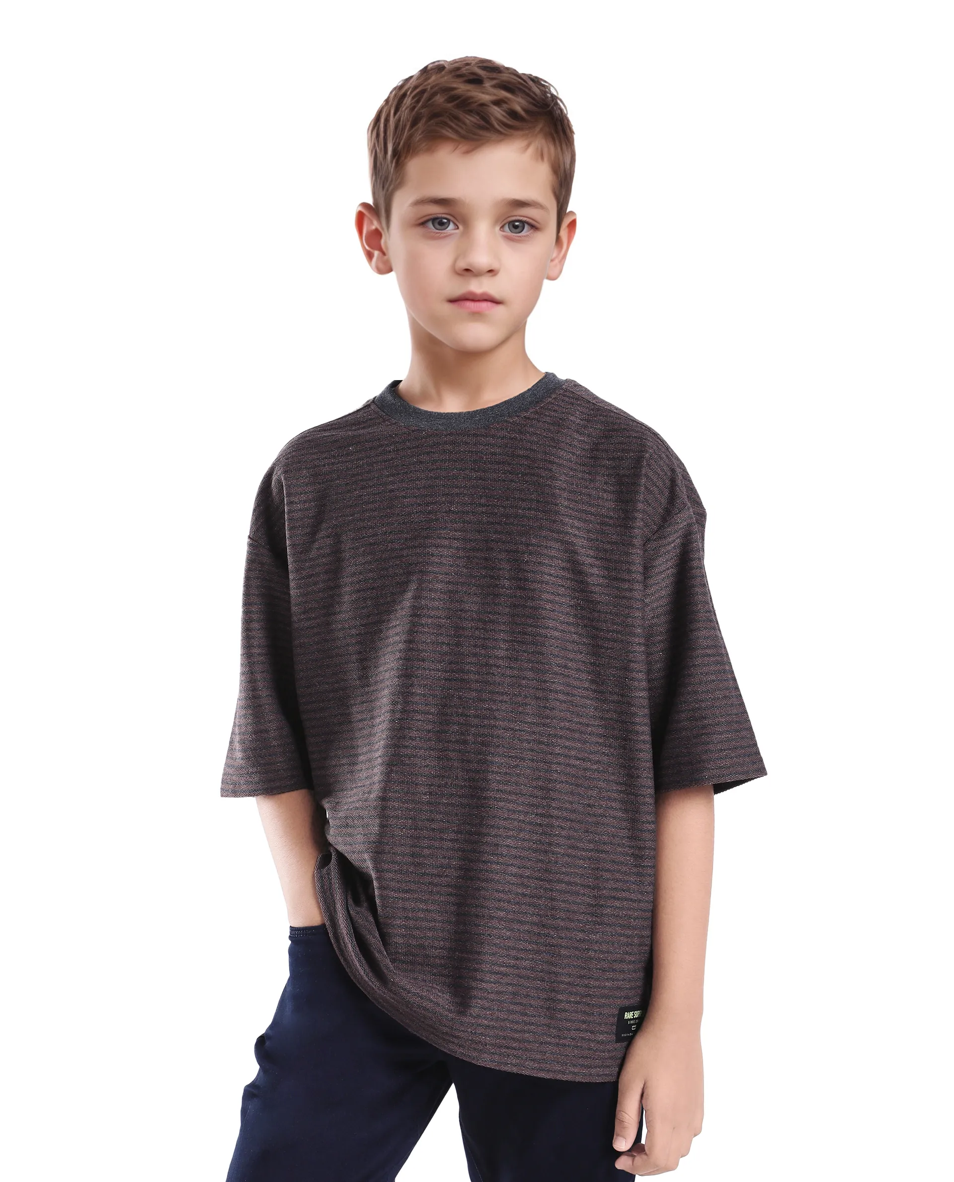 Rare Ones Kids Malco Dark Maroon Polyester Blend Pull On Striped Oversized T-Shirt - Image 3