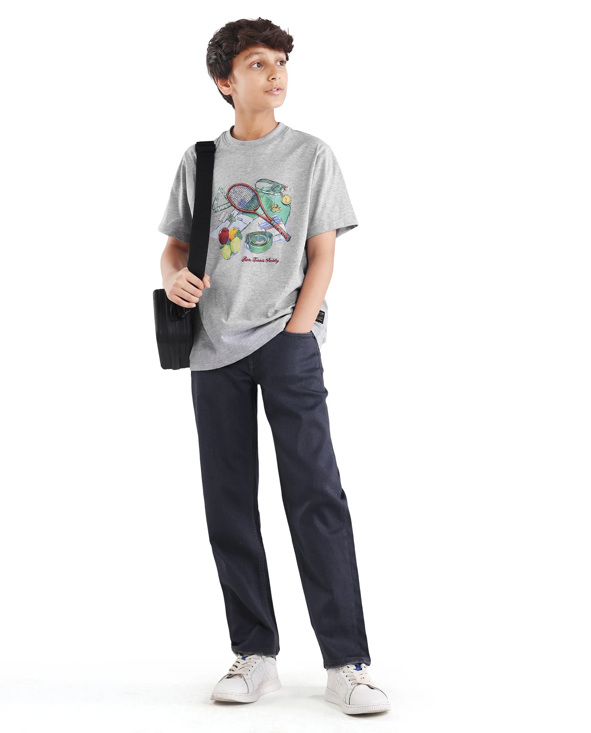Rare Ones Kids Nadal Melange Grey Cotton Blend Pull-On Closure Digital Print Regular Fit T-Shirt - Image 2