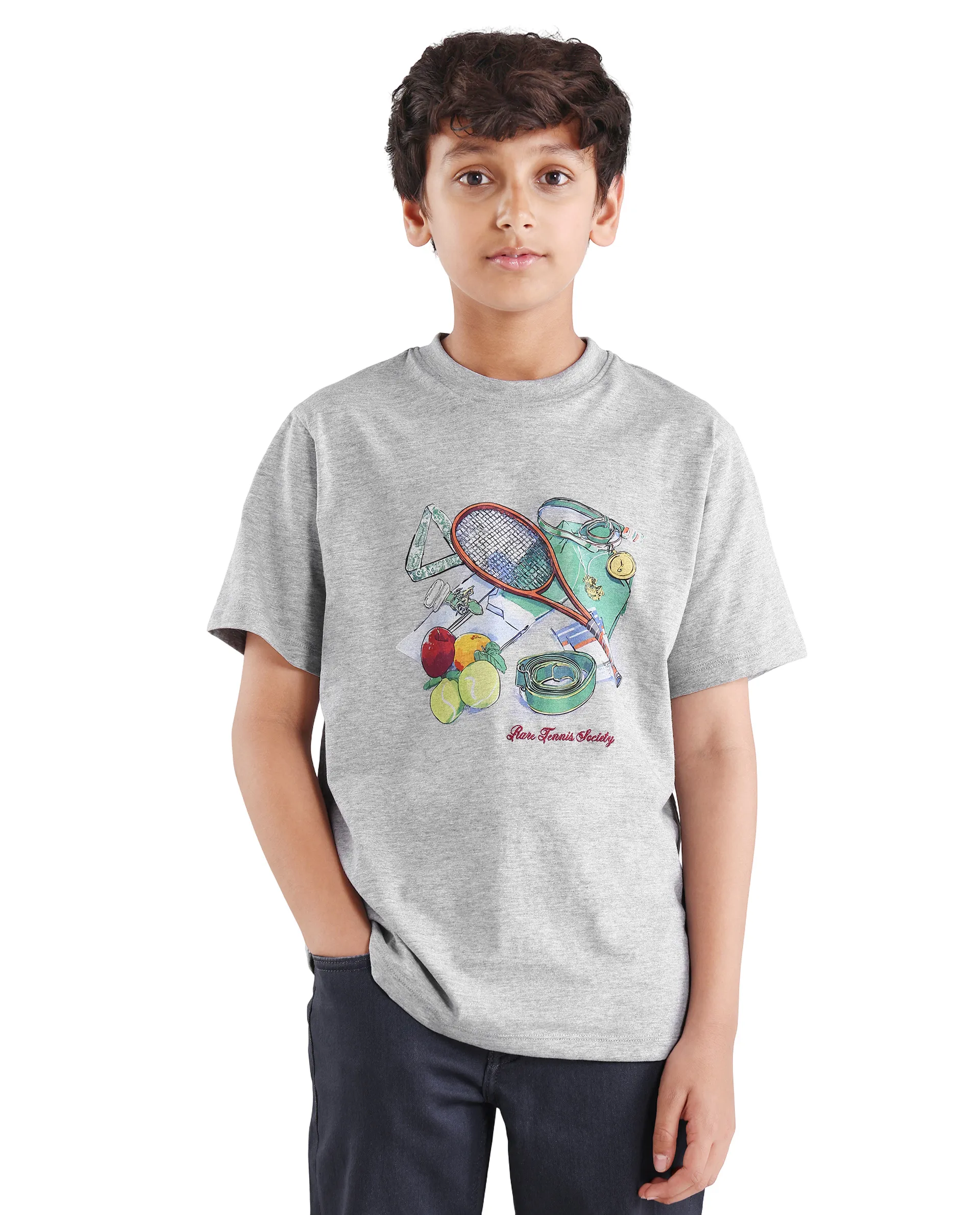 Rare Ones Kids Nadal Melange Grey Cotton Blend Pull-On Closure Digital Print Regular Fit T-Shirt - Image 3