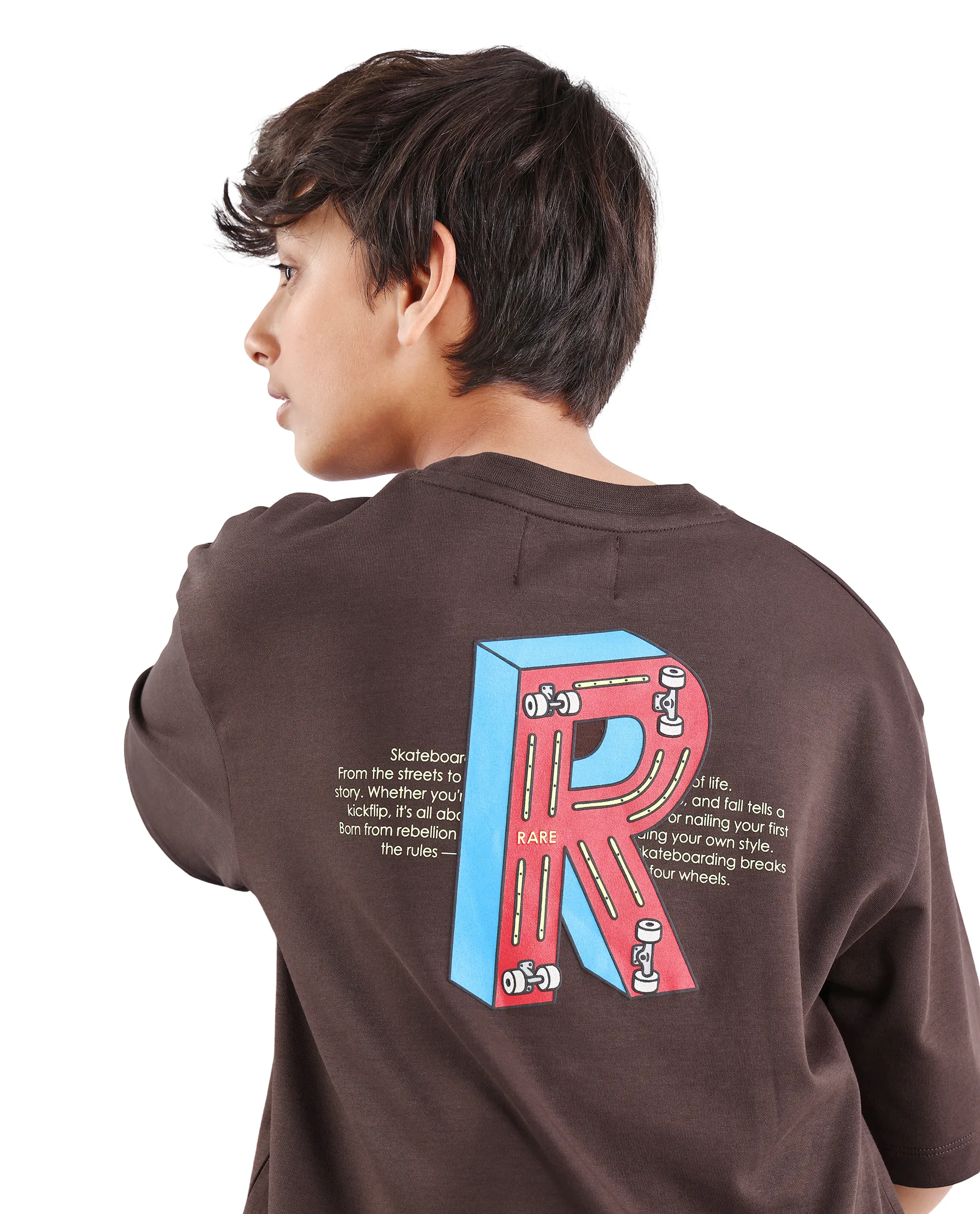 Rare Ones Kids Odin Dark Brown Cotton Pull-On Closure Puff Print Boxy Fit T-Shirt