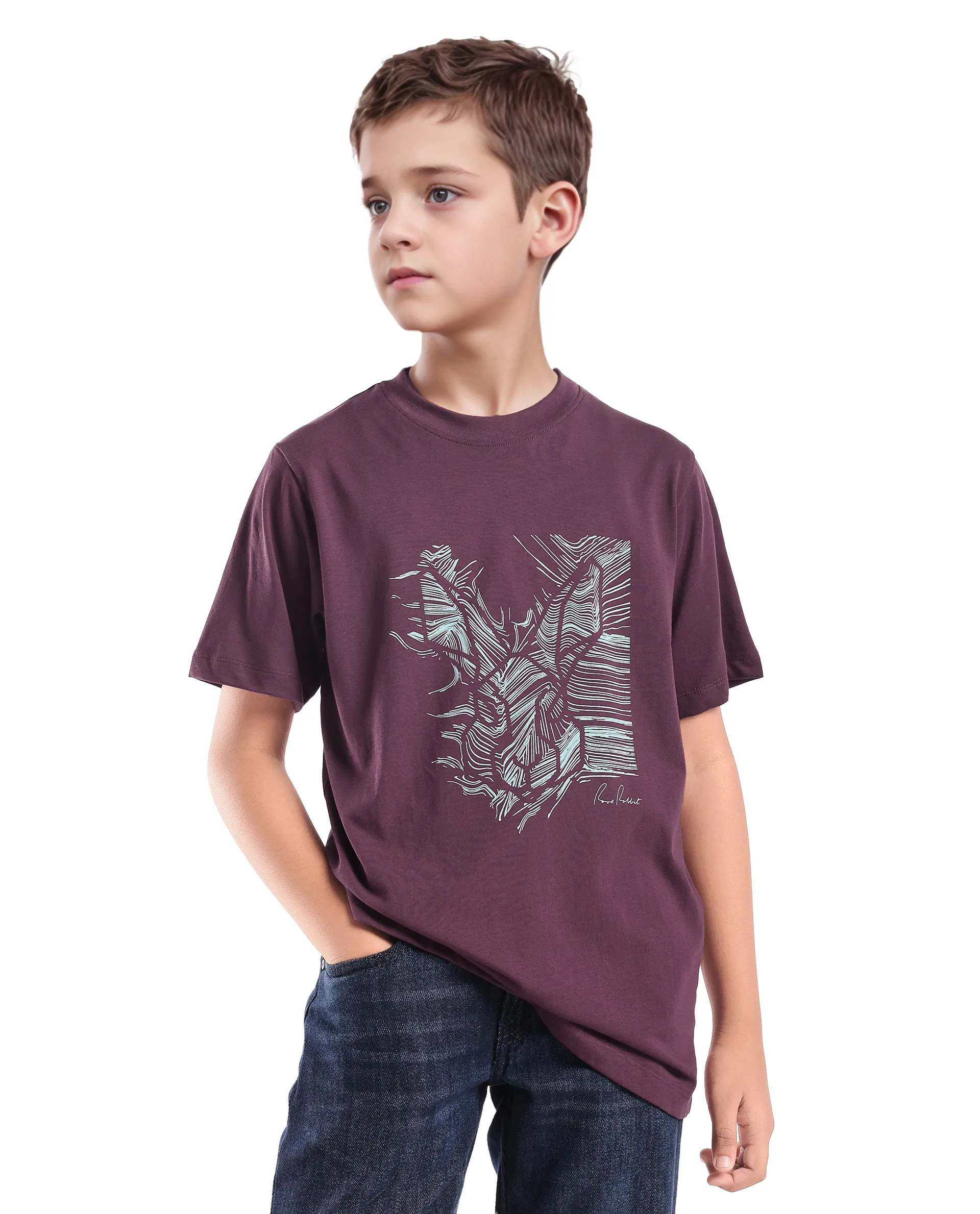 Rare Ones Kids Riggs Dark Maroon Cotton Pigment Print Regular Fit T-Shirt
