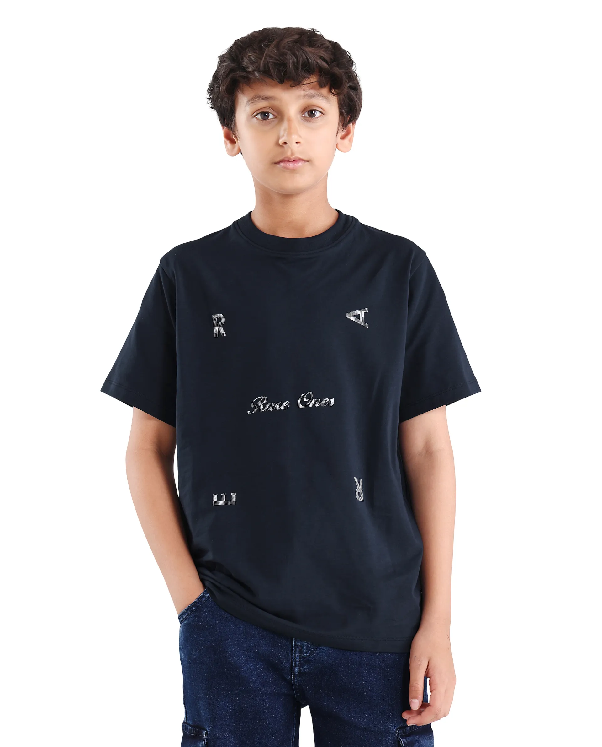 Rare Ones Kids Rizz Dark Navy Cotton Blend Pull-On Closure Badge Applique Regular Fit T-Shirt - Image 3