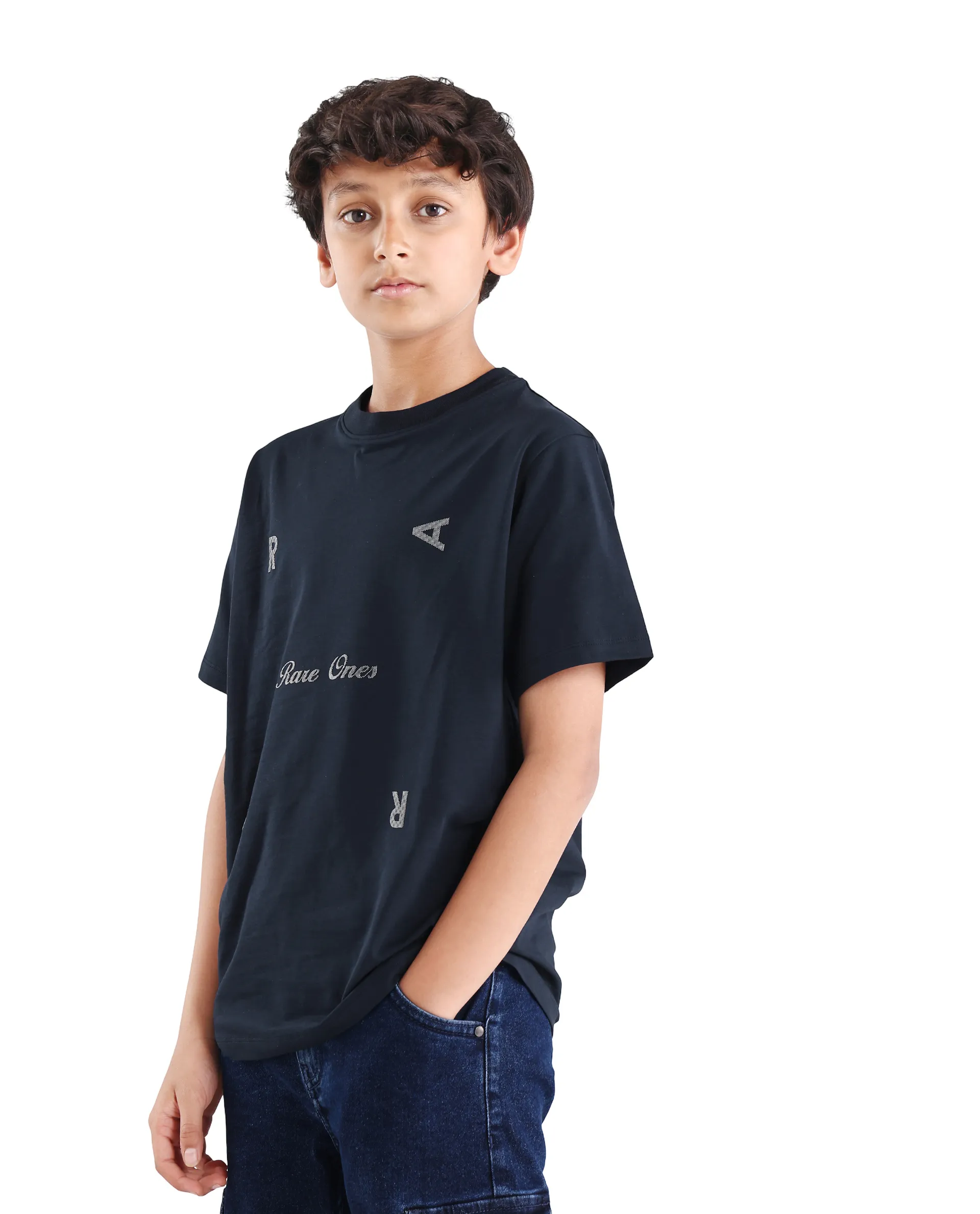 Rare Ones Kids Rizz Dark Navy Cotton Blend Pull-On Closure Badge Applique Regular Fit T-Shirt - Image 5