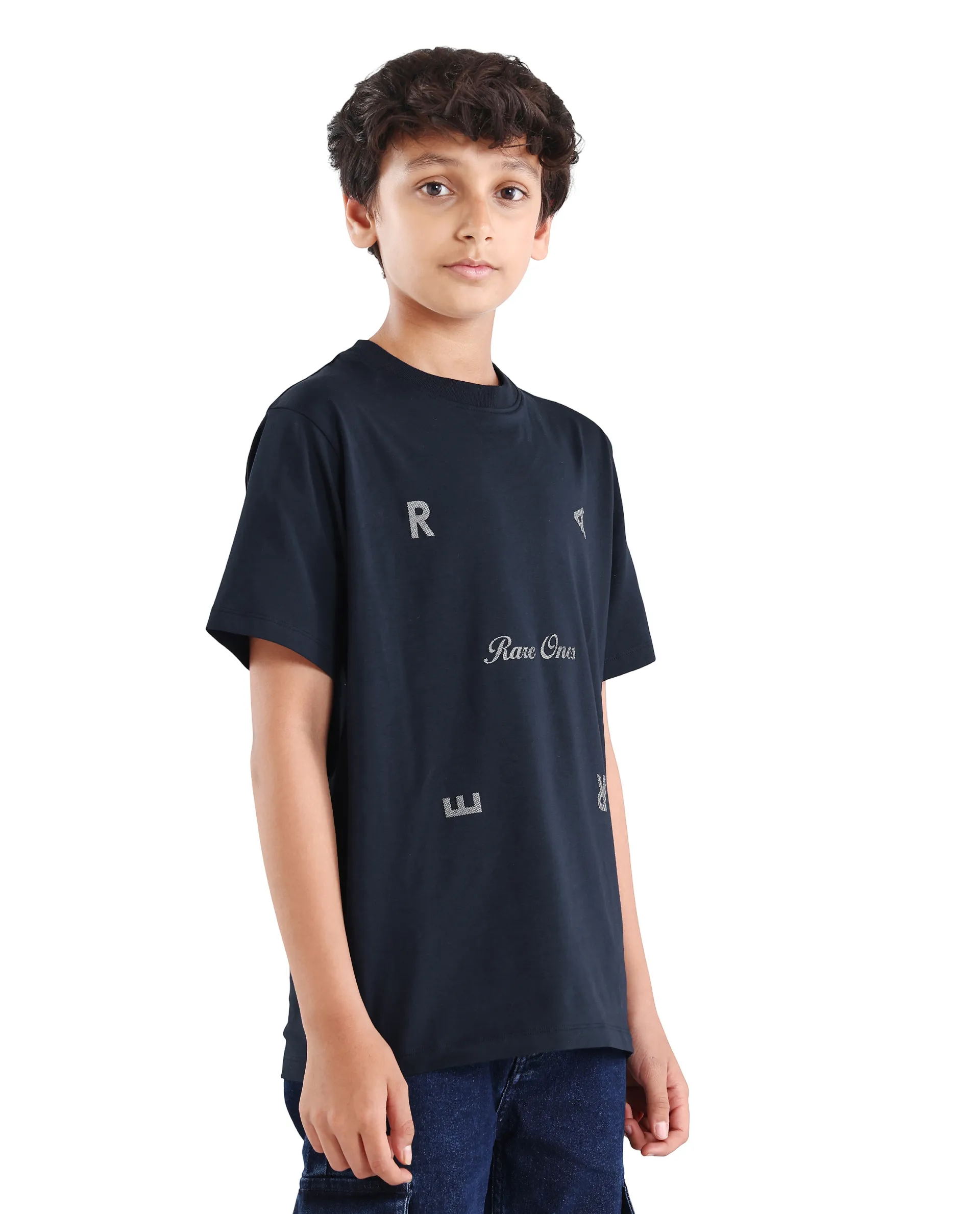 Rare Ones Kids Rizz Dark Navy Cotton Blend Pull-On Closure Badge Applique Regular Fit T-Shirt - Image 6