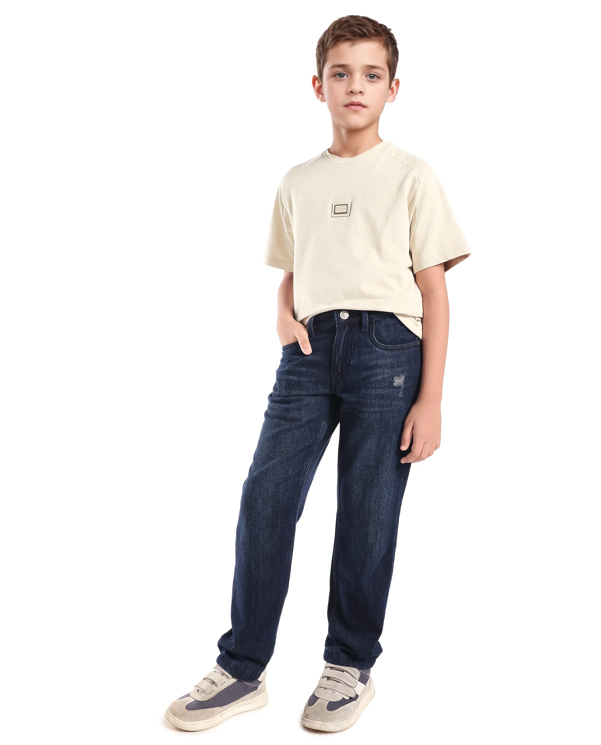 Rare Ones Kids Weke Light Beige Cotton Half Sleeves Cut And Sew Oversized T-Shirt - Image 2
