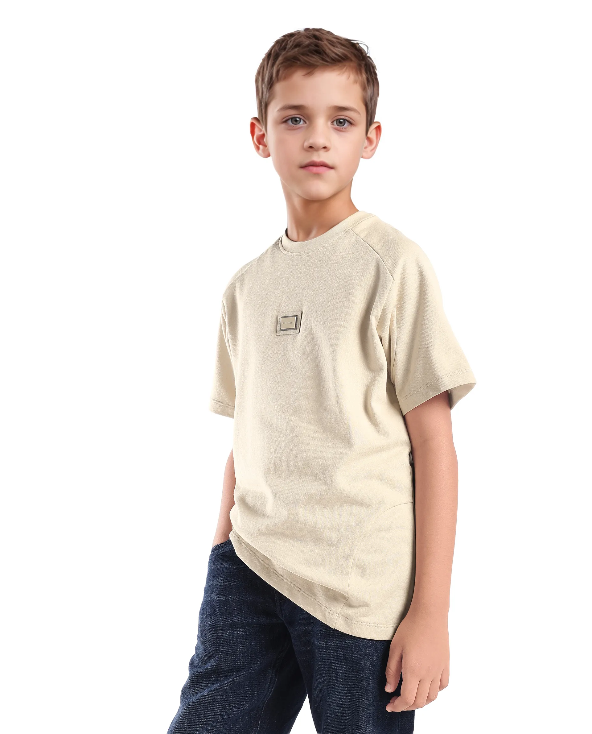 Rare Ones Kids Weke Light Beige Cotton Half Sleeves Cut And Sew Oversized T-Shirt - Image 5