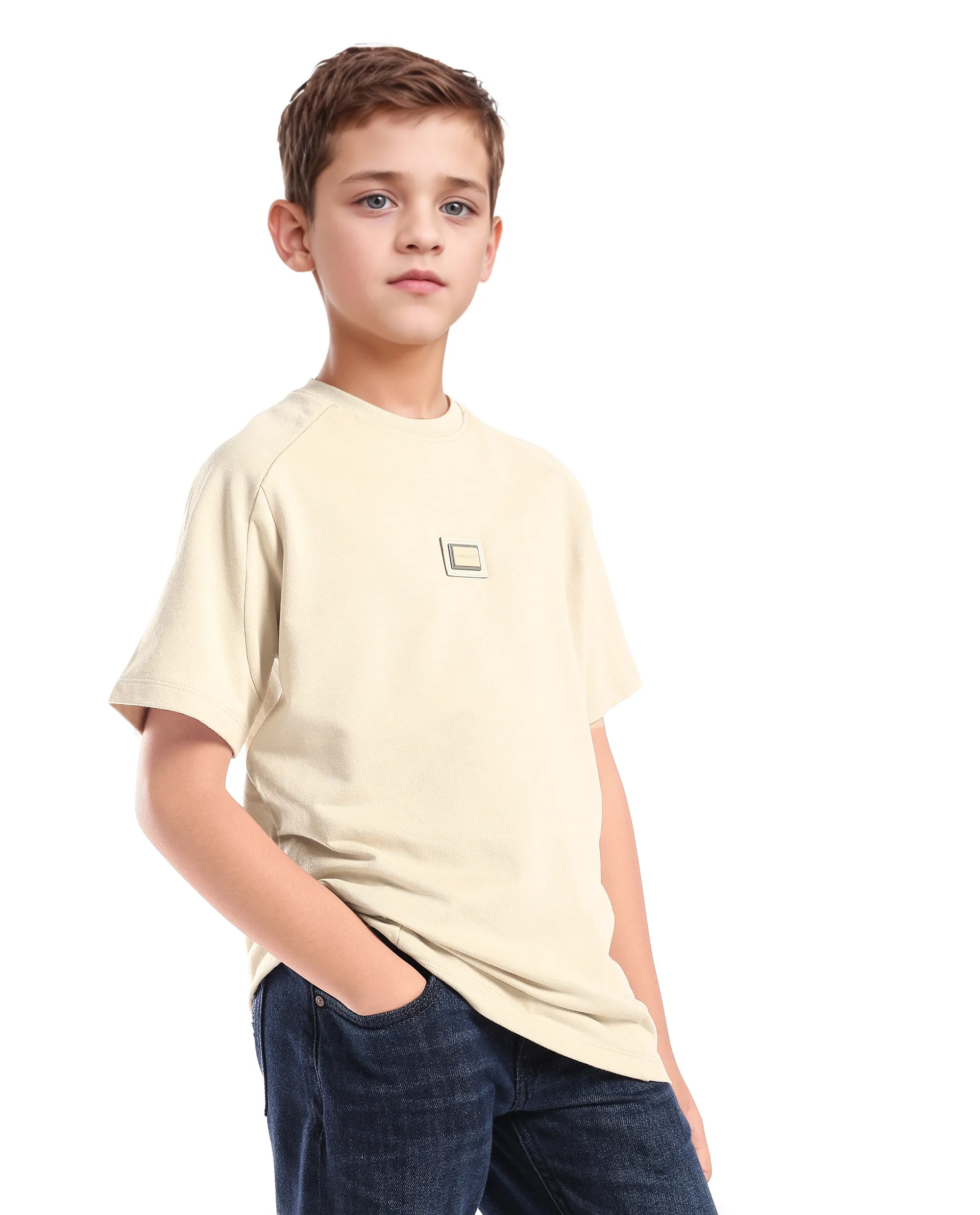 Rare Ones Kids Weke Light Beige Cotton Half Sleeves Cut And Sew Oversized T-Shirt - Image 6