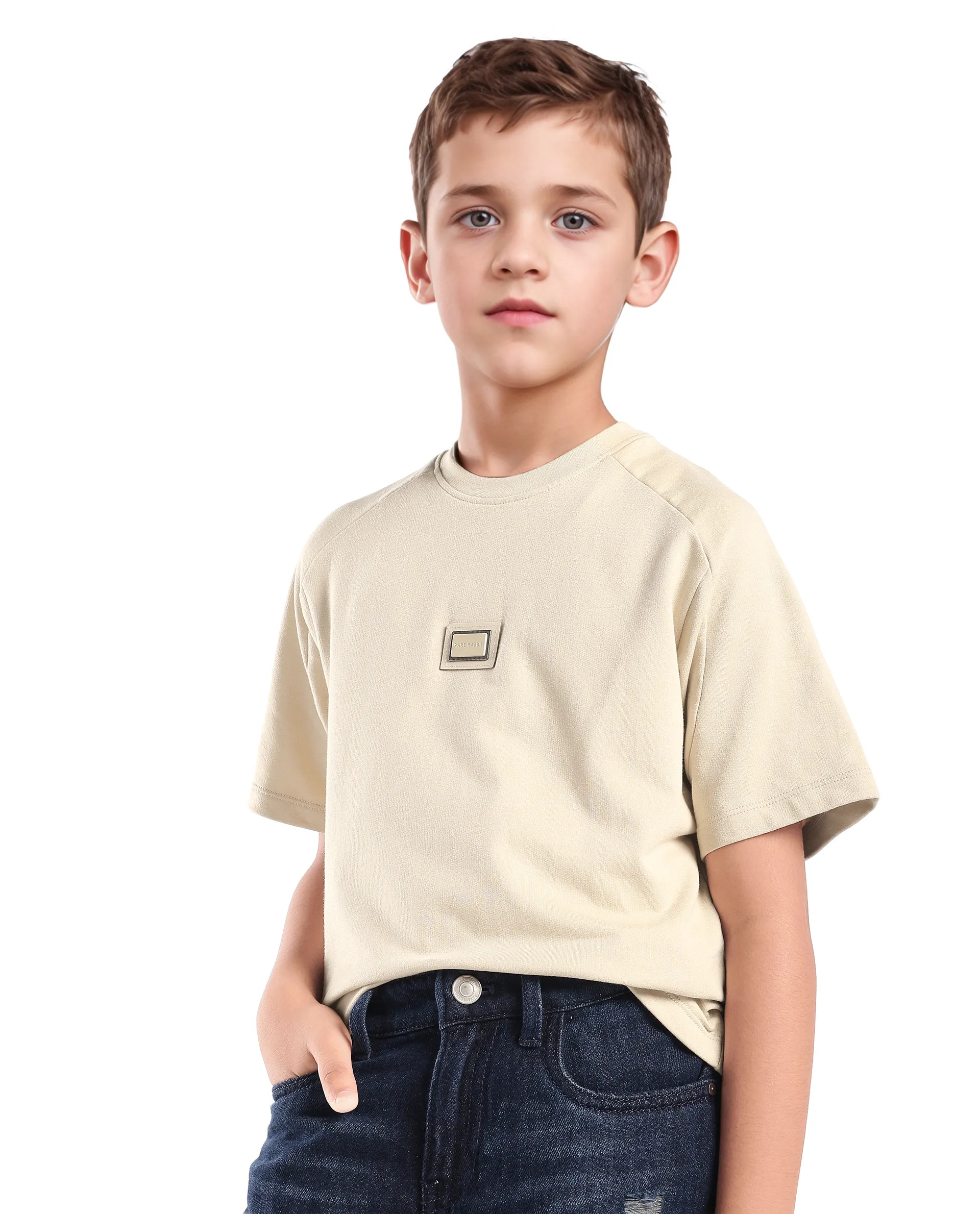Rare Ones Kids Weke Light Beige Cotton Half Sleeves Cut And Sew Oversized T-Shirt - Image 7