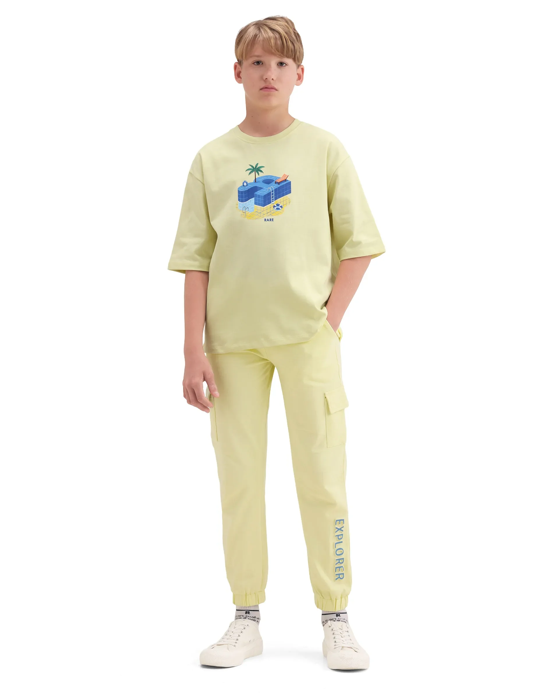 Rare Ones Kids Aiden Light Yellow Cotton Fabric Drawstring Closure Embossed Cargo Fit Track Pant - Image 5