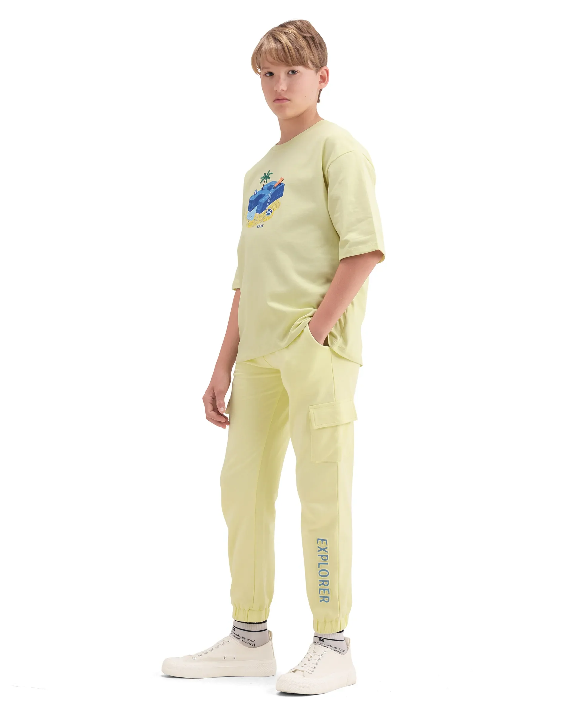 Rare Ones Kids Aiden Light Yellow Cotton Fabric Drawstring Closure Embossed Cargo Fit Track Pant - Image 6