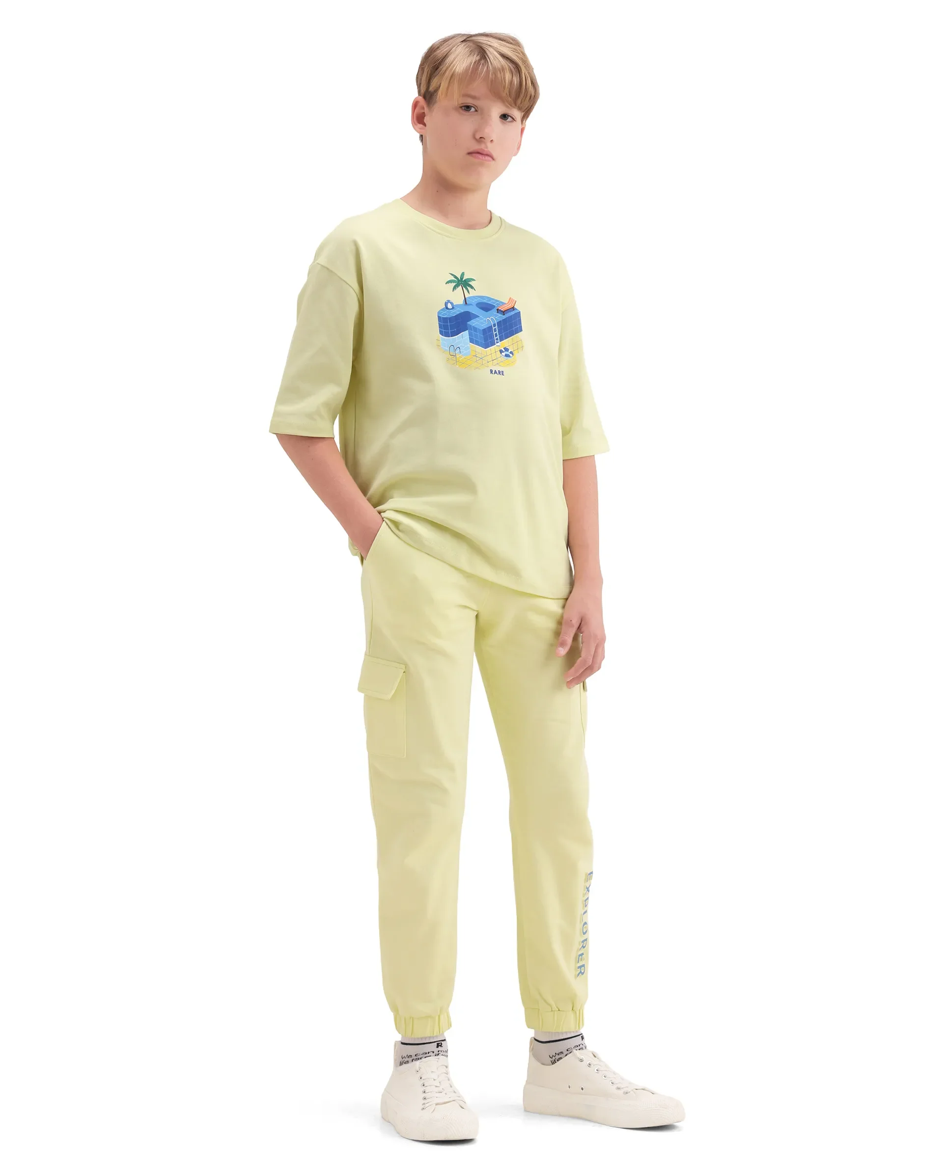 Rare Ones Kids Aiden Light Yellow Cotton Fabric Drawstring Closure Embossed Cargo Fit Track Pant - Image 7