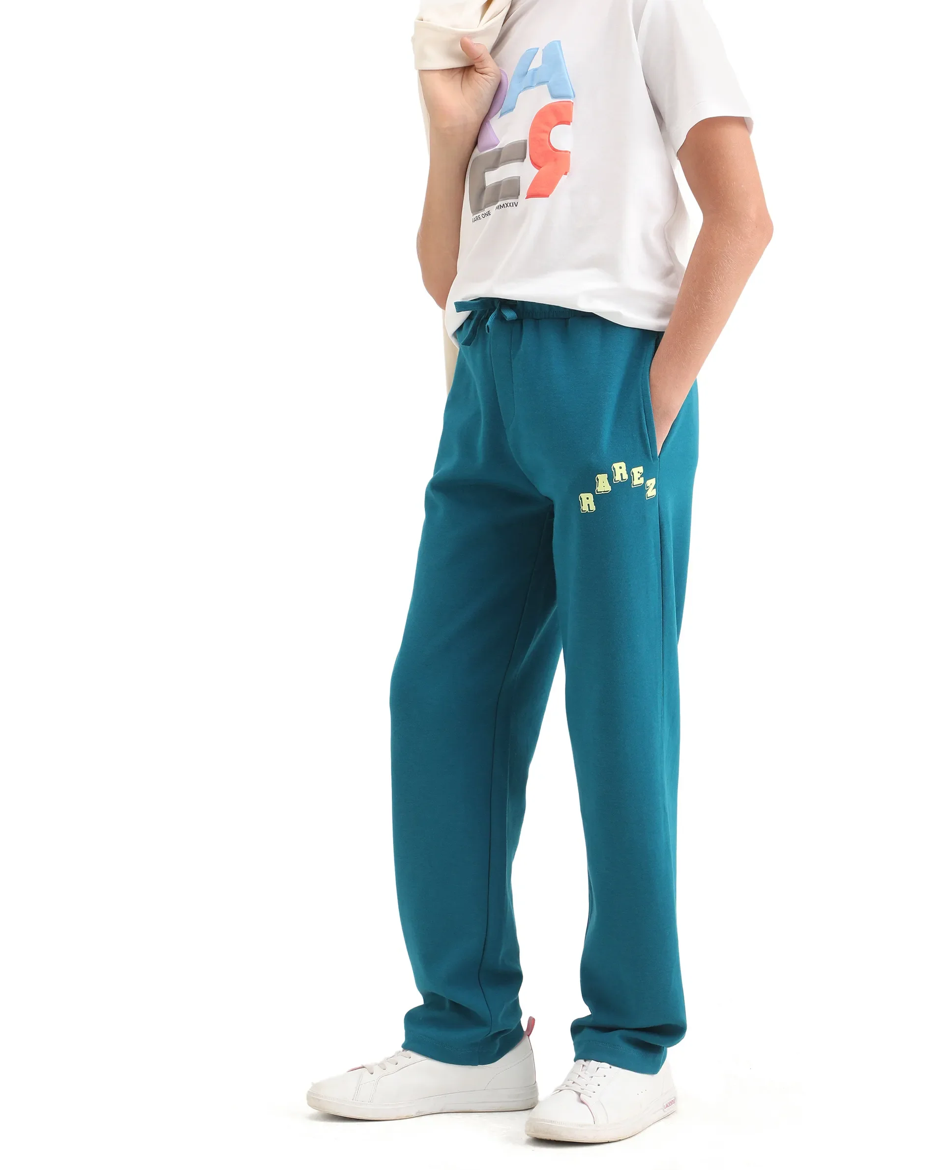 Rare Ones Kids Onyx-B Teal Cotton Blend Drawstring Closure Solid Straight Fit Trackpant - Image 5