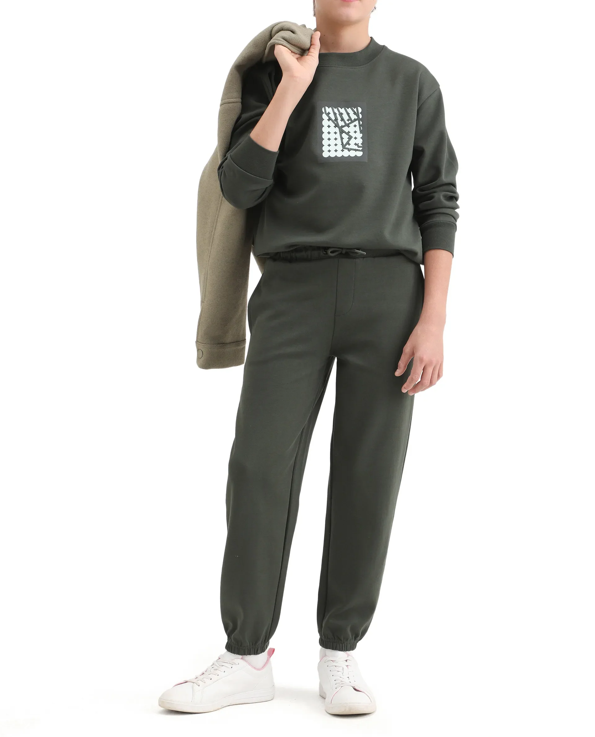 Rare Ones Kids Rune-B Olive Cotton Blend Drawstring Closure Solid Jogger Fit Trackpant - Image 2