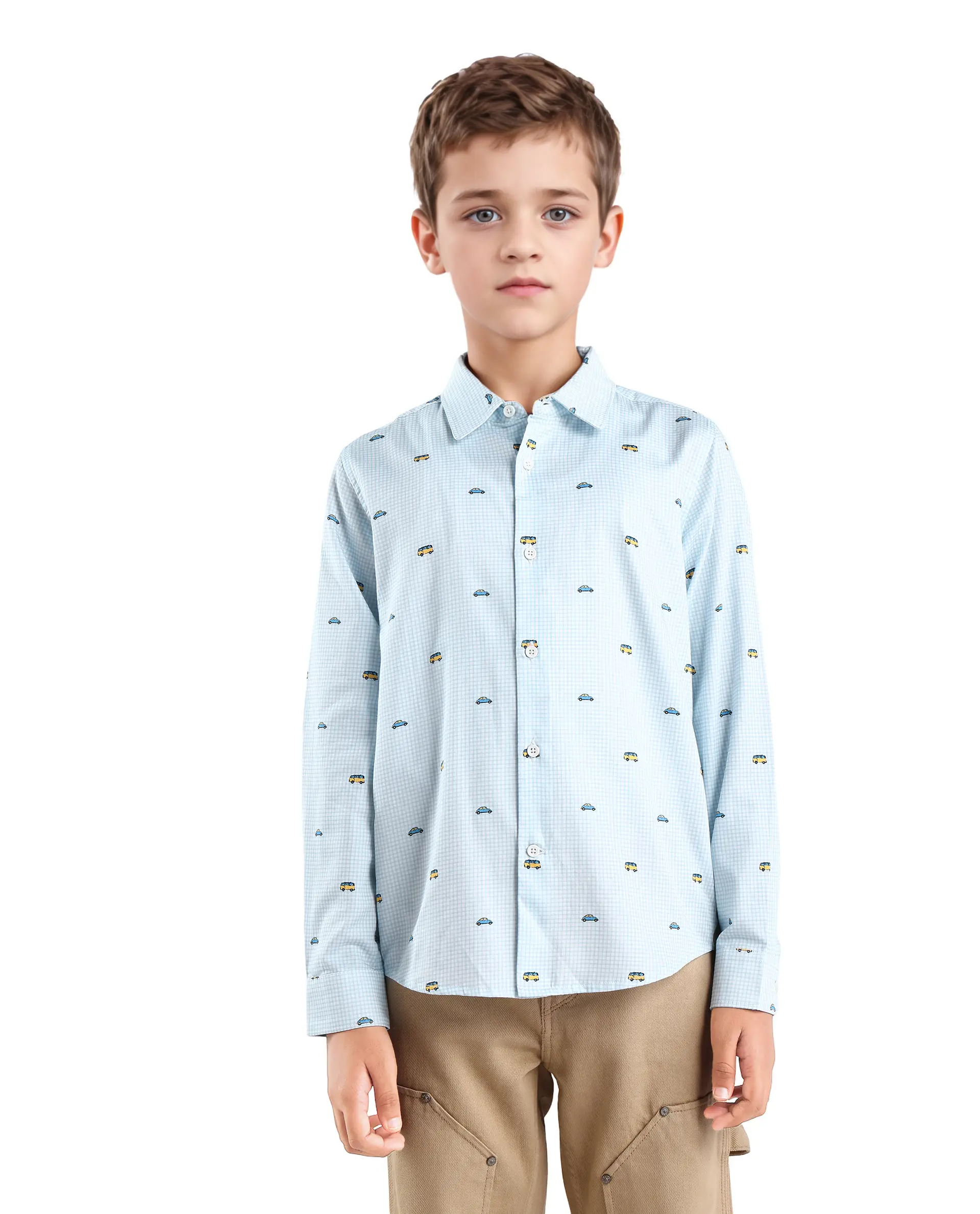 Rare Ones Kids Traf Light Blue Cotton Blend Printed Button Closure Regular Fit Shirt - Image 3