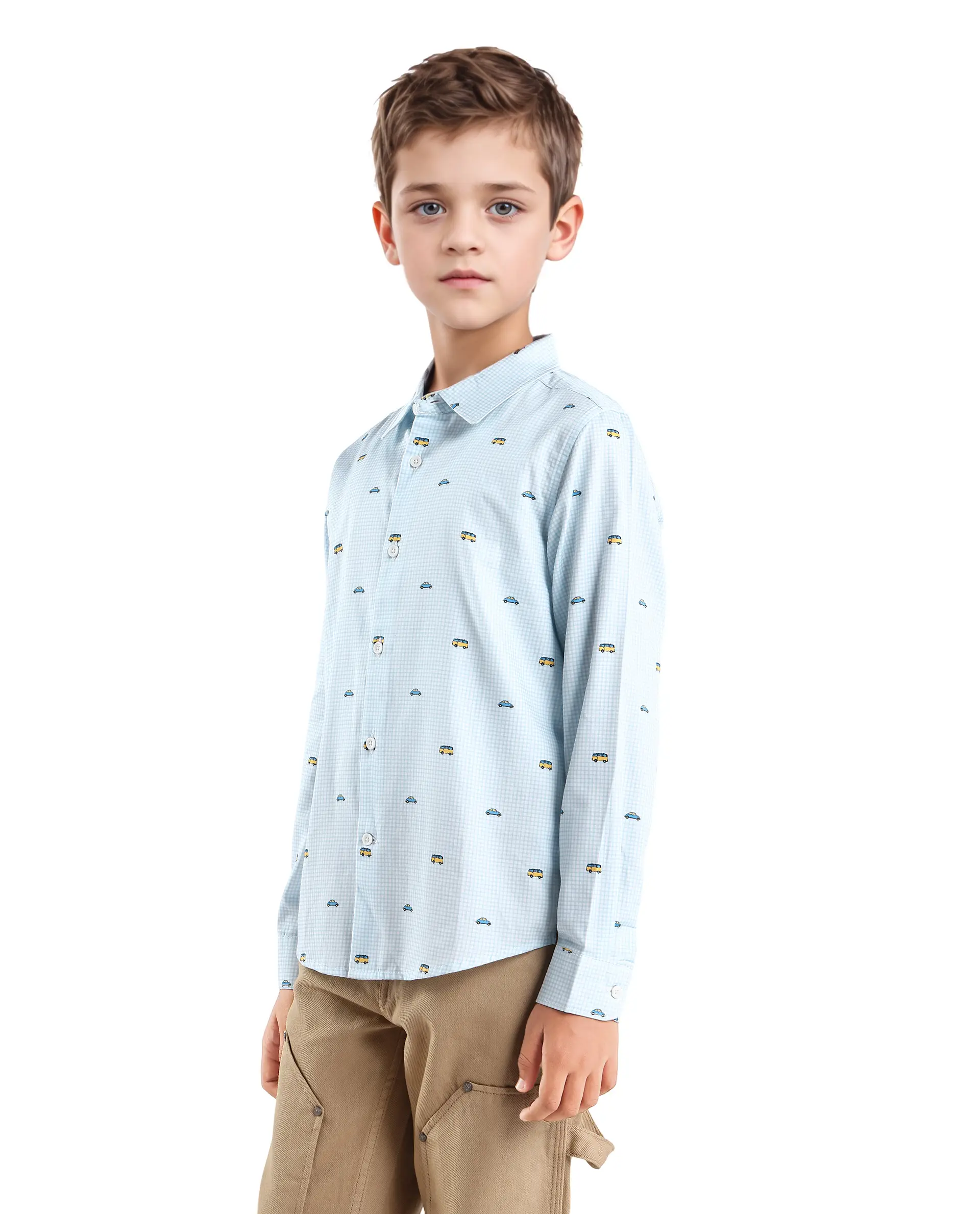 Rare Ones Kids Traf Light Blue Cotton Blend Printed Button Closure Regular Fit Shirt - Image 5
