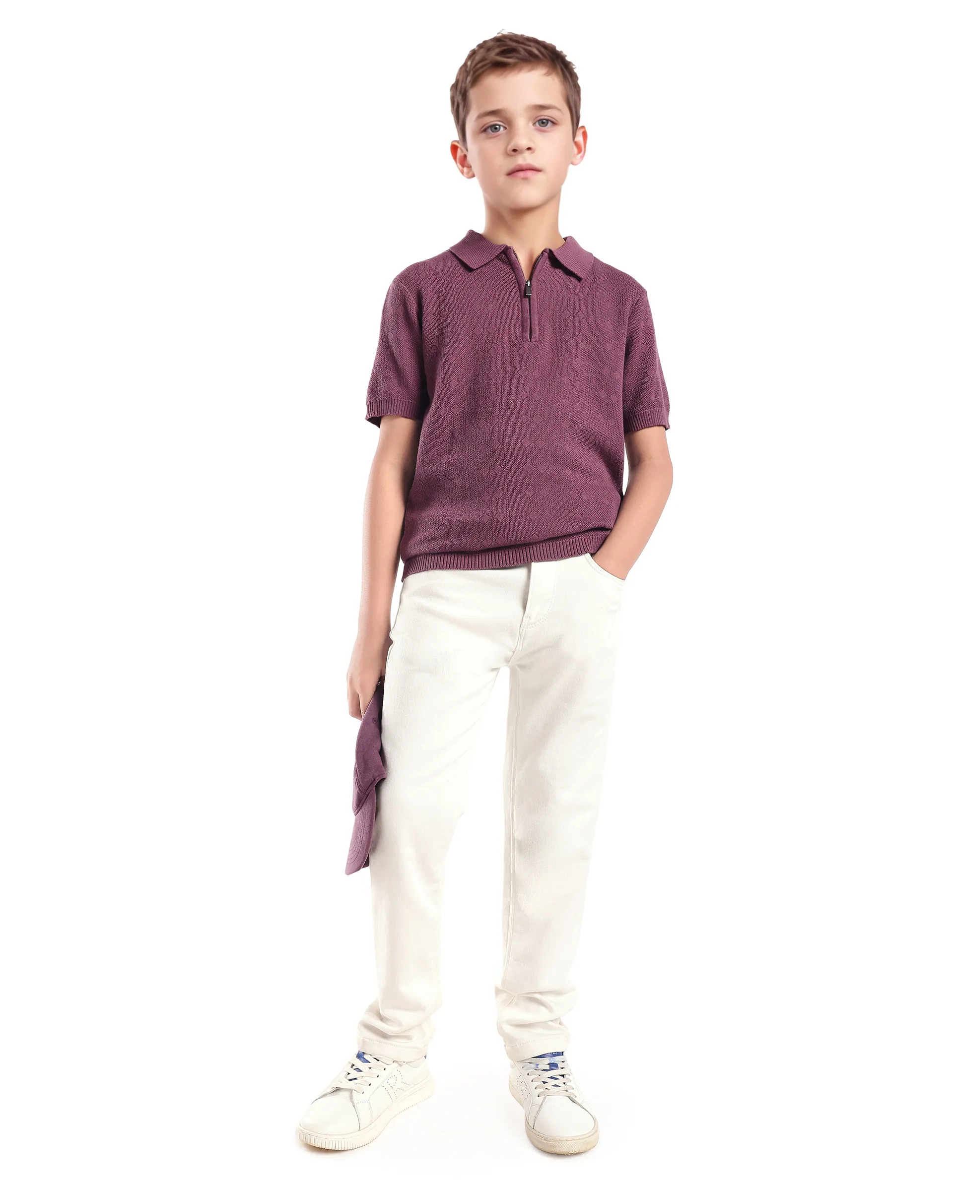 Rare Ones Kids Treo Dusky Purple Jacquard Zipper Closure Regular Fit Polo - Image 2