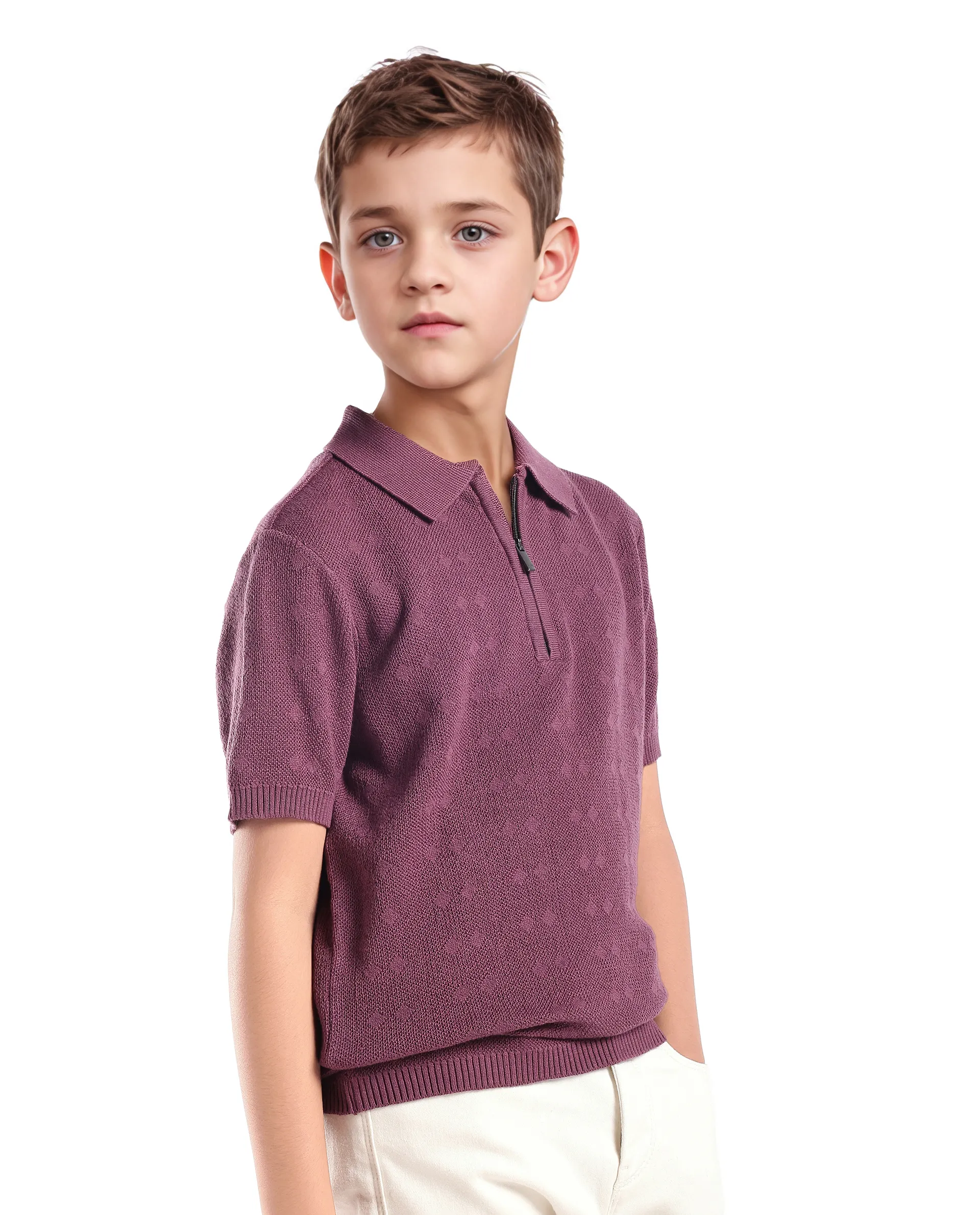 Rare Ones Kids Treo Dusky Purple Jacquard Zipper Closure Regular Fit Polo - Image 3