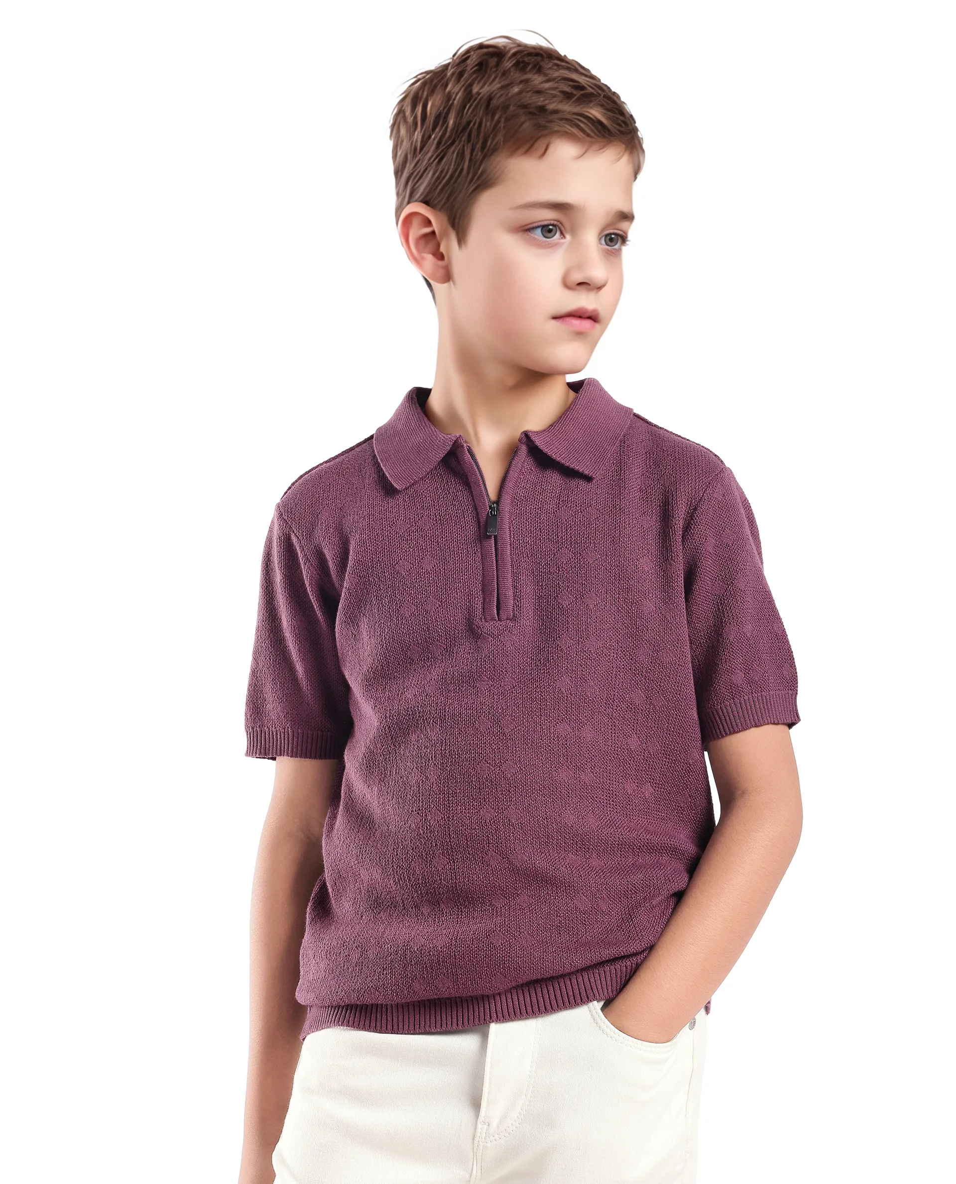 Rare Ones Kids Treo Dusky Purple Jacquard Zipper Closure Regular Fit Polo - Image 5