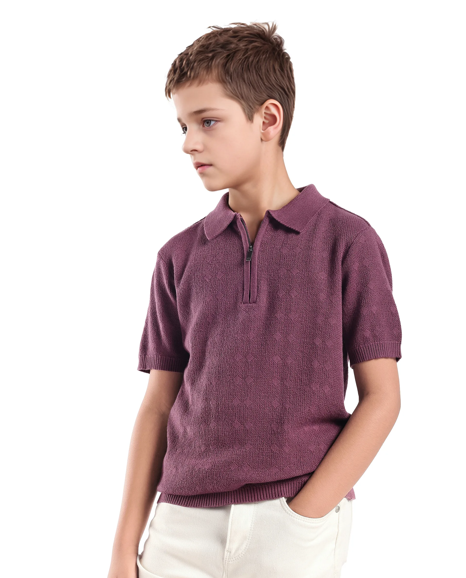 Rare Ones Kids Treo Dusky Purple Jacquard Zipper Closure Regular Fit Polo - Image 6