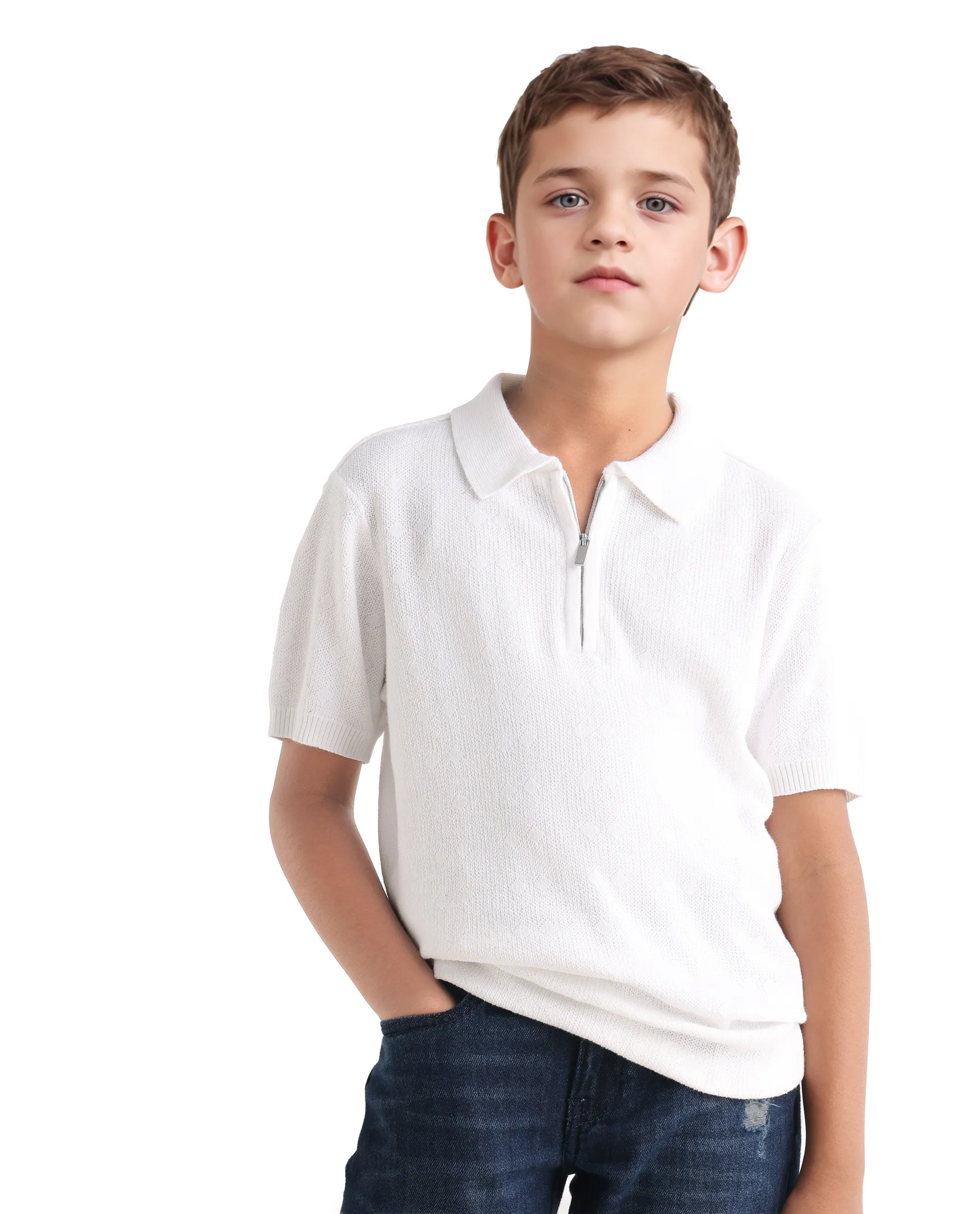 Rare Ones Kids Treo Off White Jacquard Zipper Closure Regular Fit Polo - Image 3