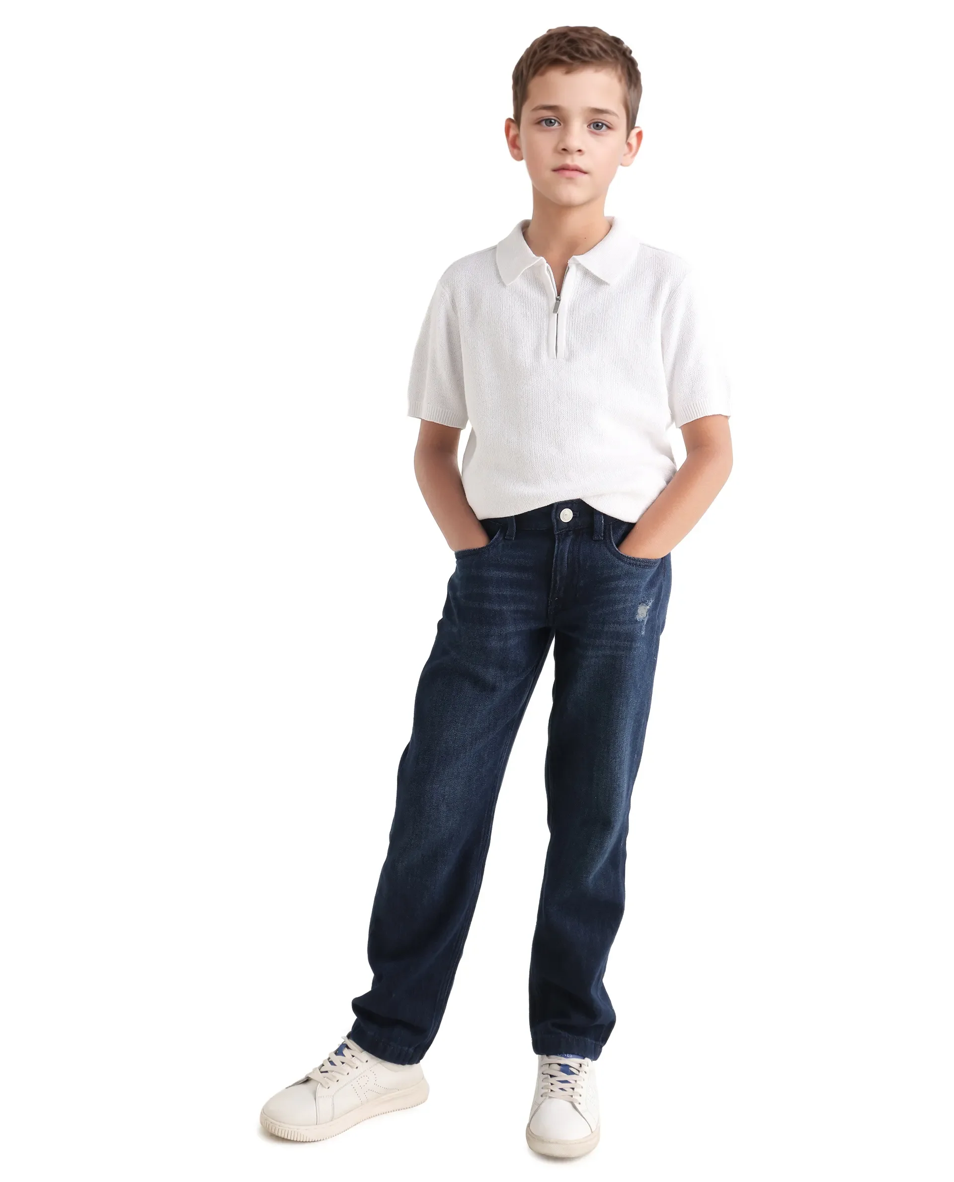 Rare Ones Kids Treo Off White Jacquard Zipper Closure Regular Fit Polo - Image 5