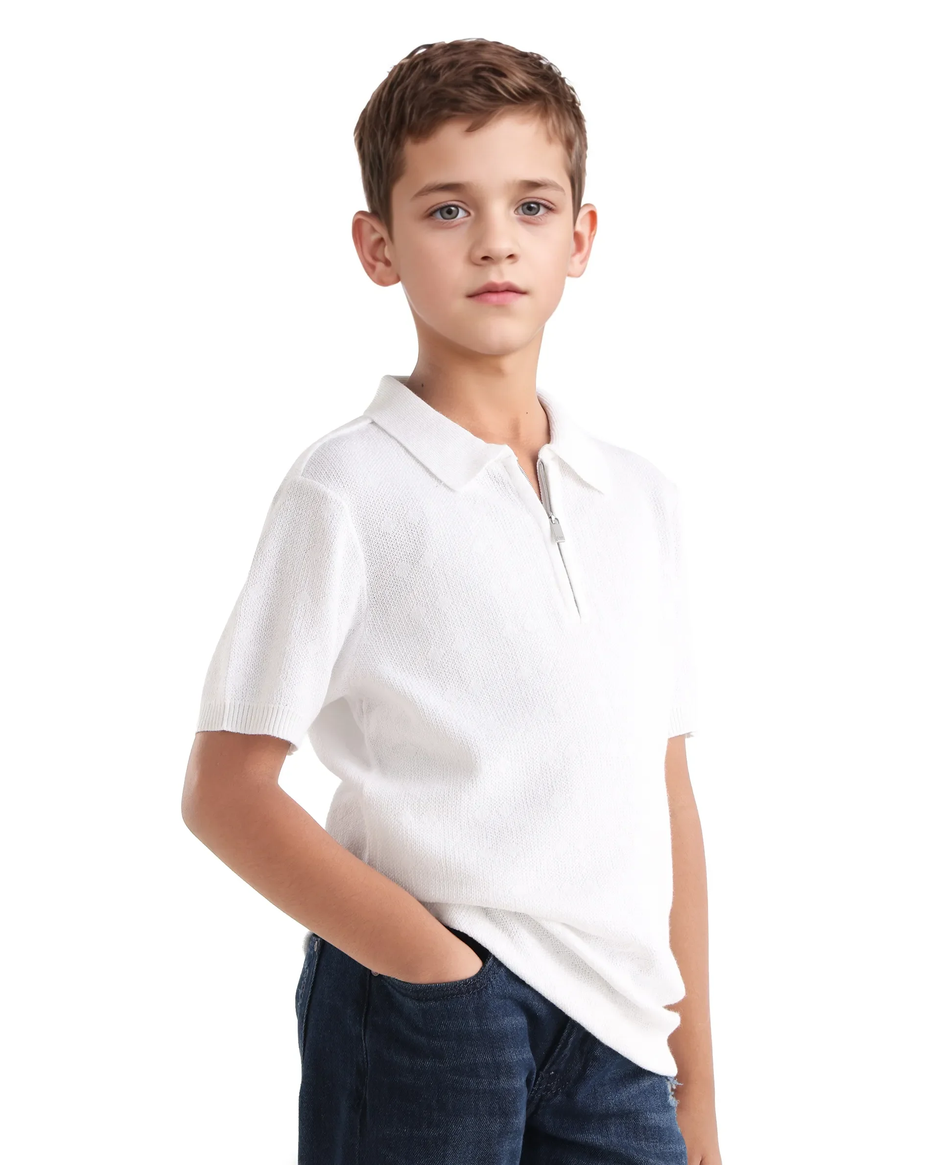 Rare Ones Kids Treo Off White Jacquard Zipper Closure Regular Fit Polo - Image 6