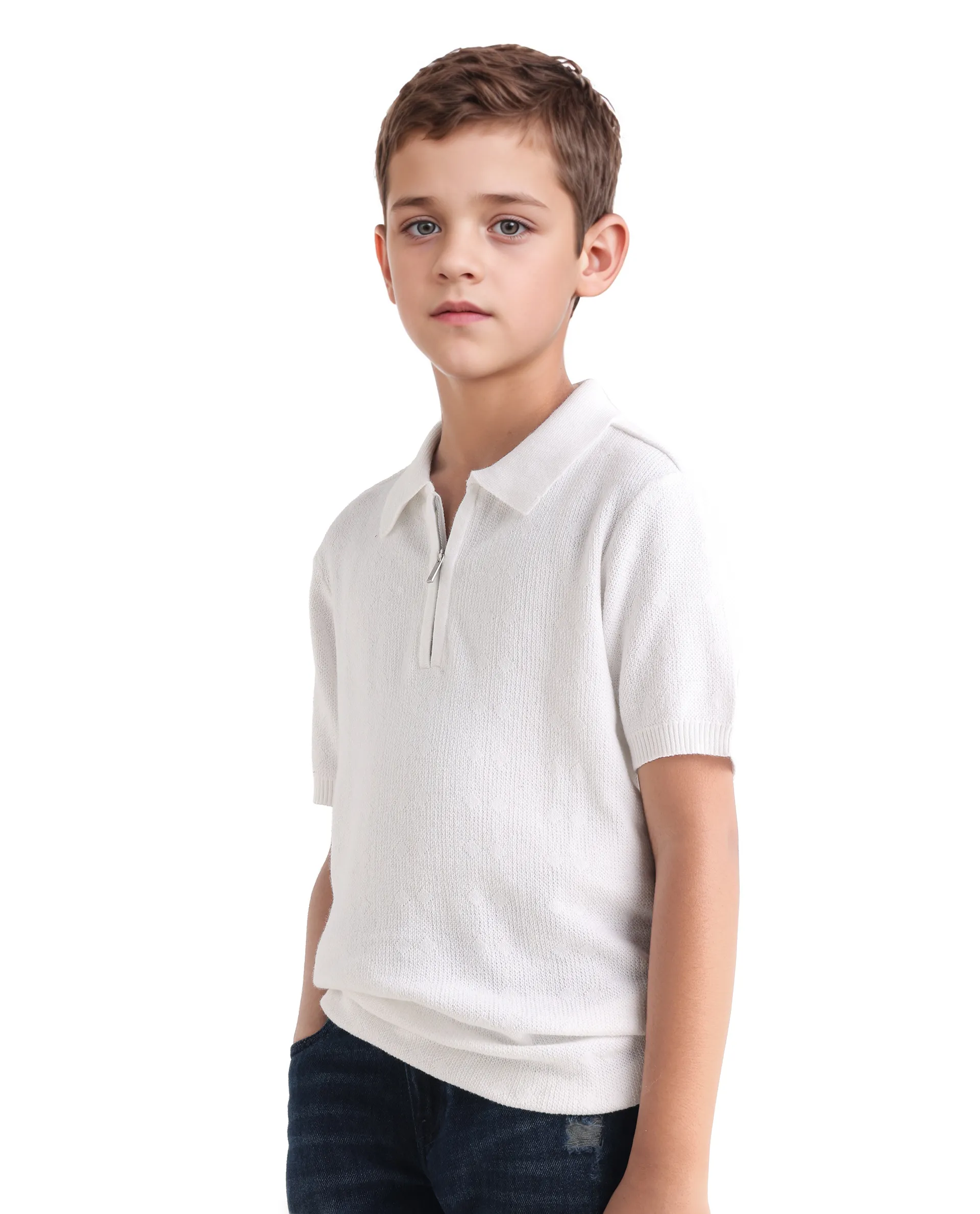 Rare Ones Kids Treo Off White Jacquard Zipper Closure Regular Fit Polo - Image 7