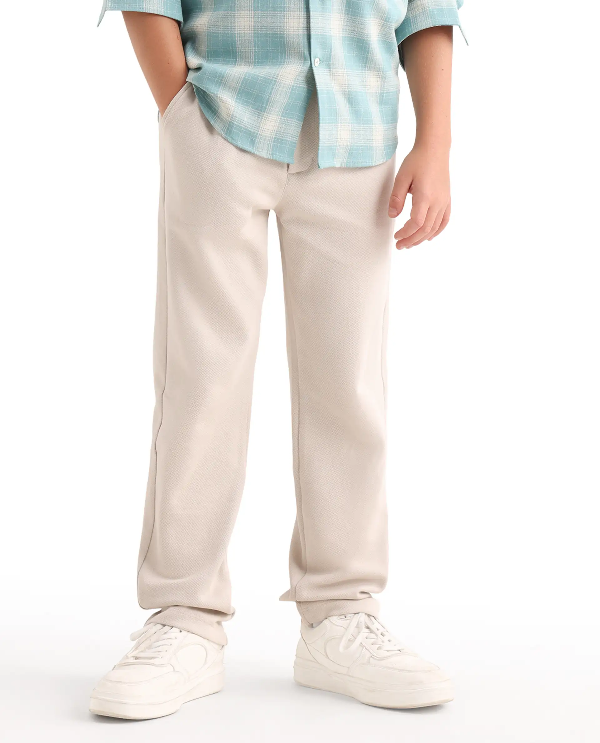 Rare Ones Kids Aura Off White Cotton Fabric Button And Zipper Closure Straight Fit Trouser - Image 2