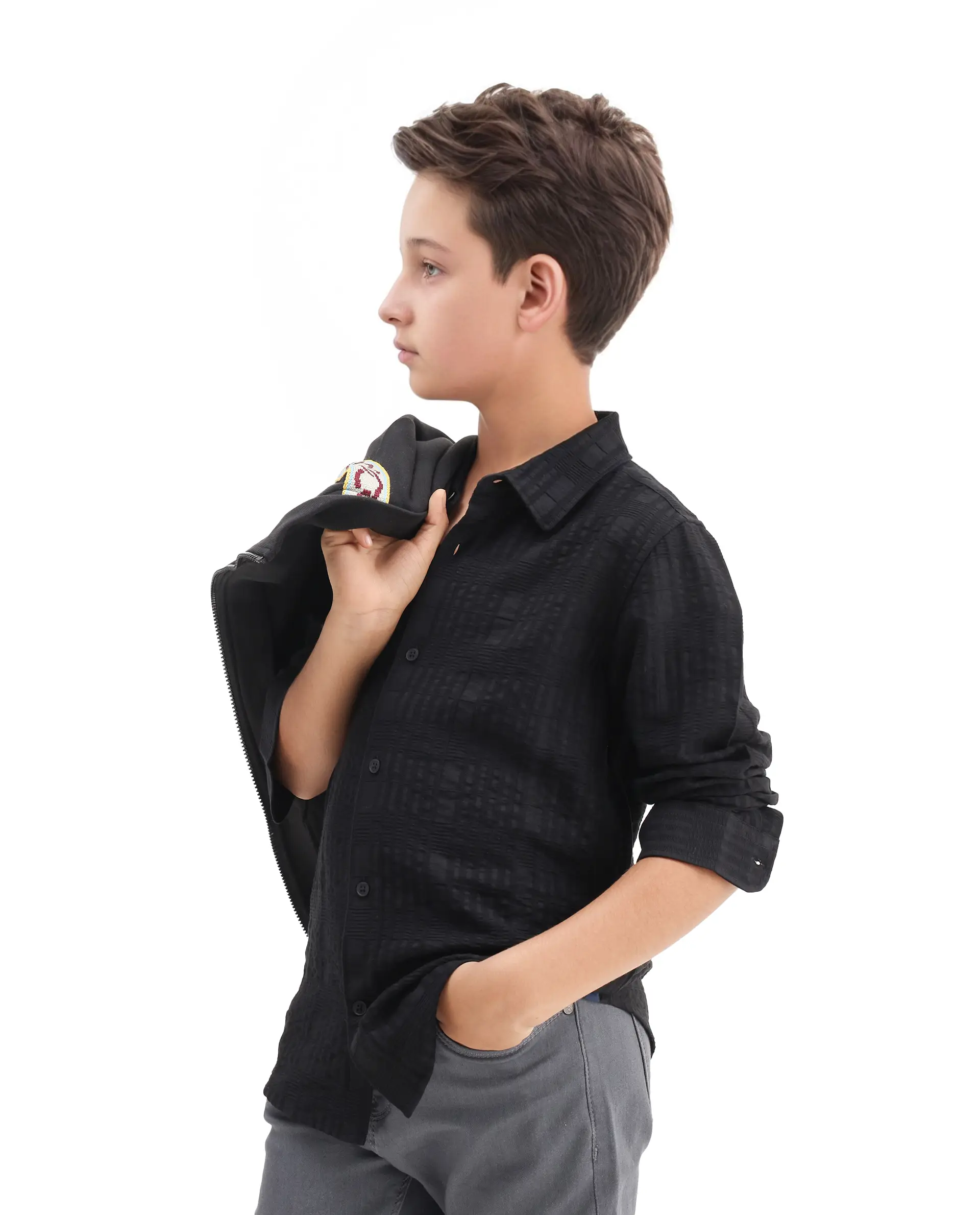 Rare Ones Kids Vack-K Black Viscose Blend Textured Button Closure Regular Fit Shirt