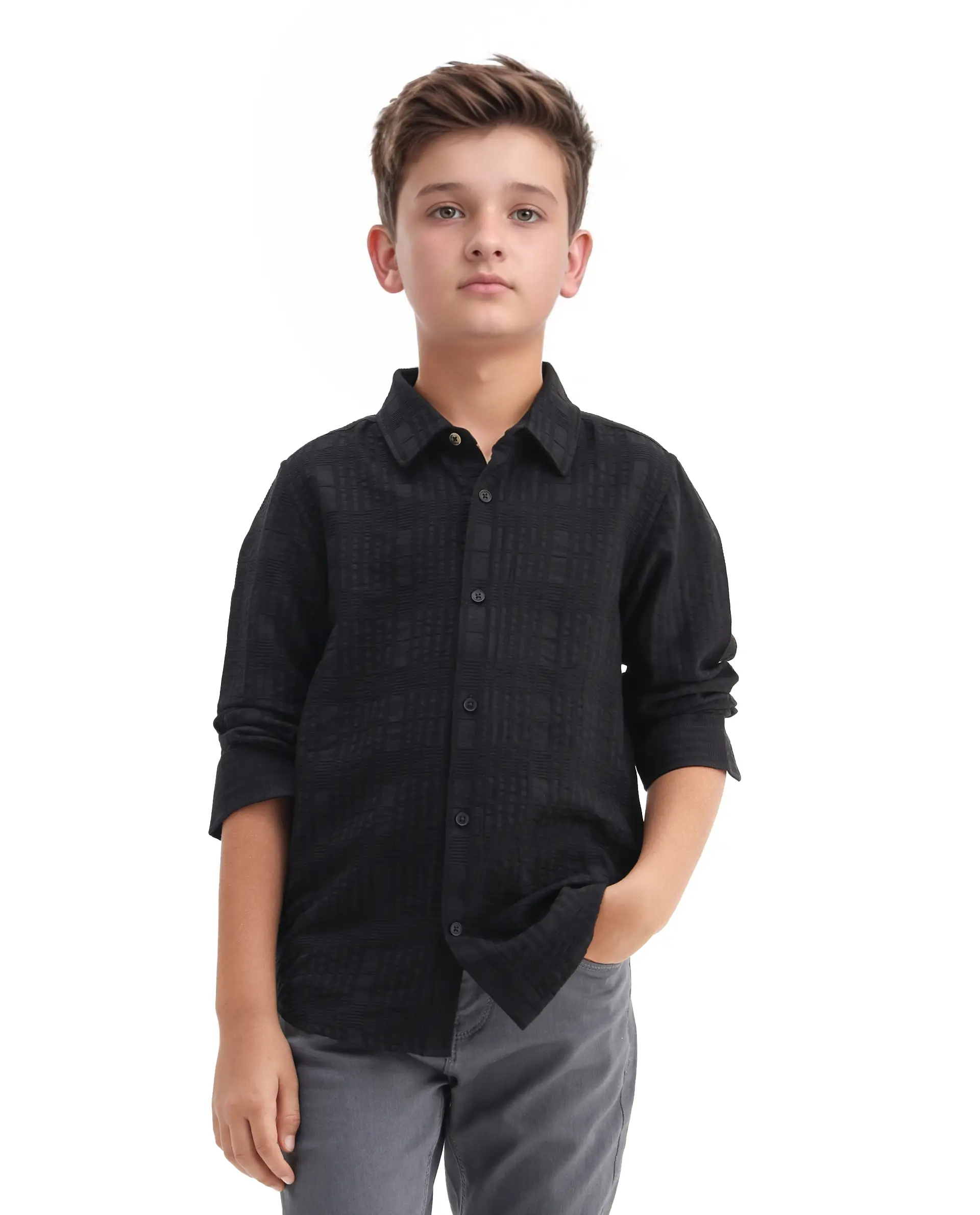 Rare Ones Kids Vack-K Black Viscose Blend Textured Button Closure Regular Fit Shirt - Image 3