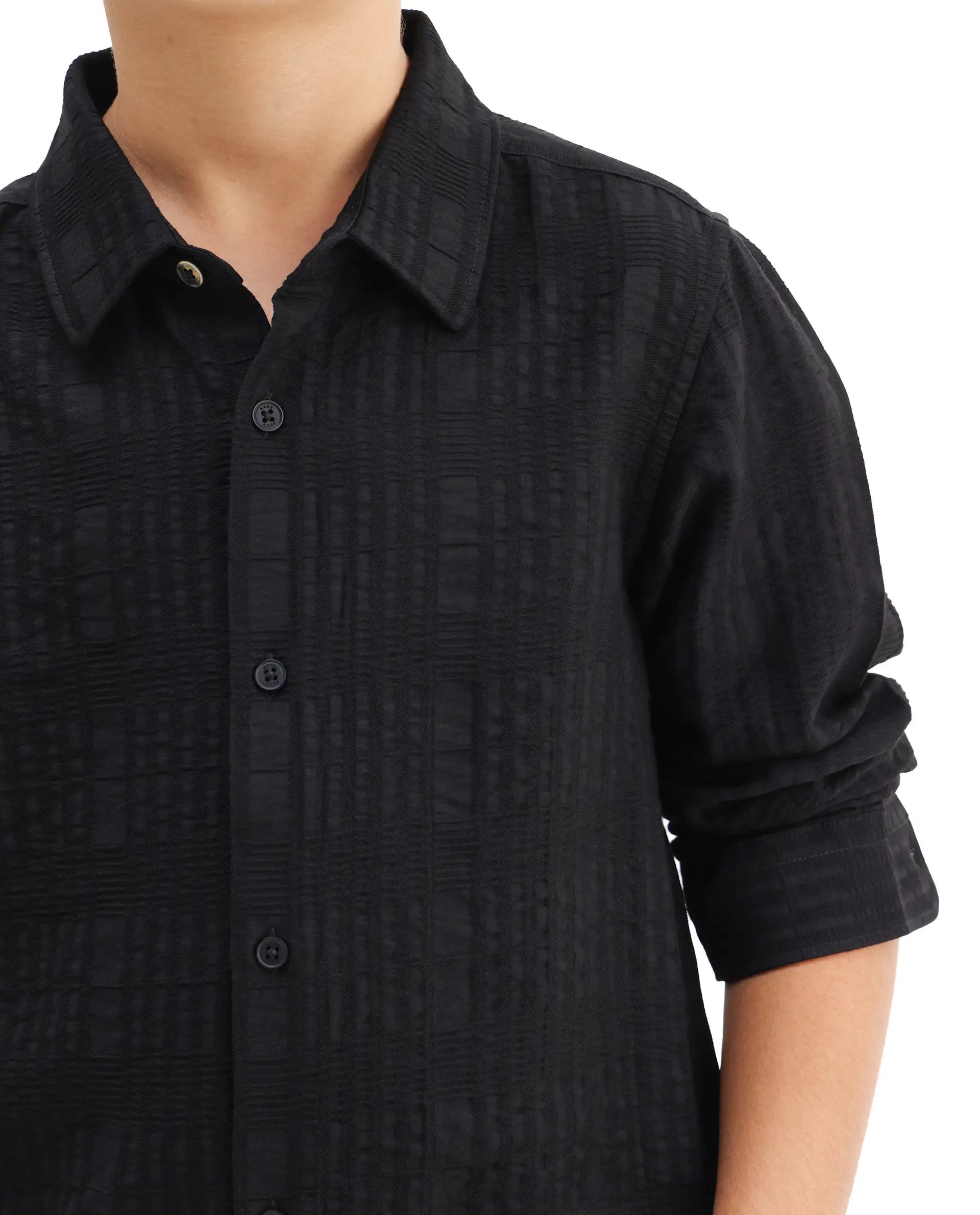 Rare Ones Kids Vack-K Black Viscose Blend Textured Button Closure Regular Fit Shirt - Image 4