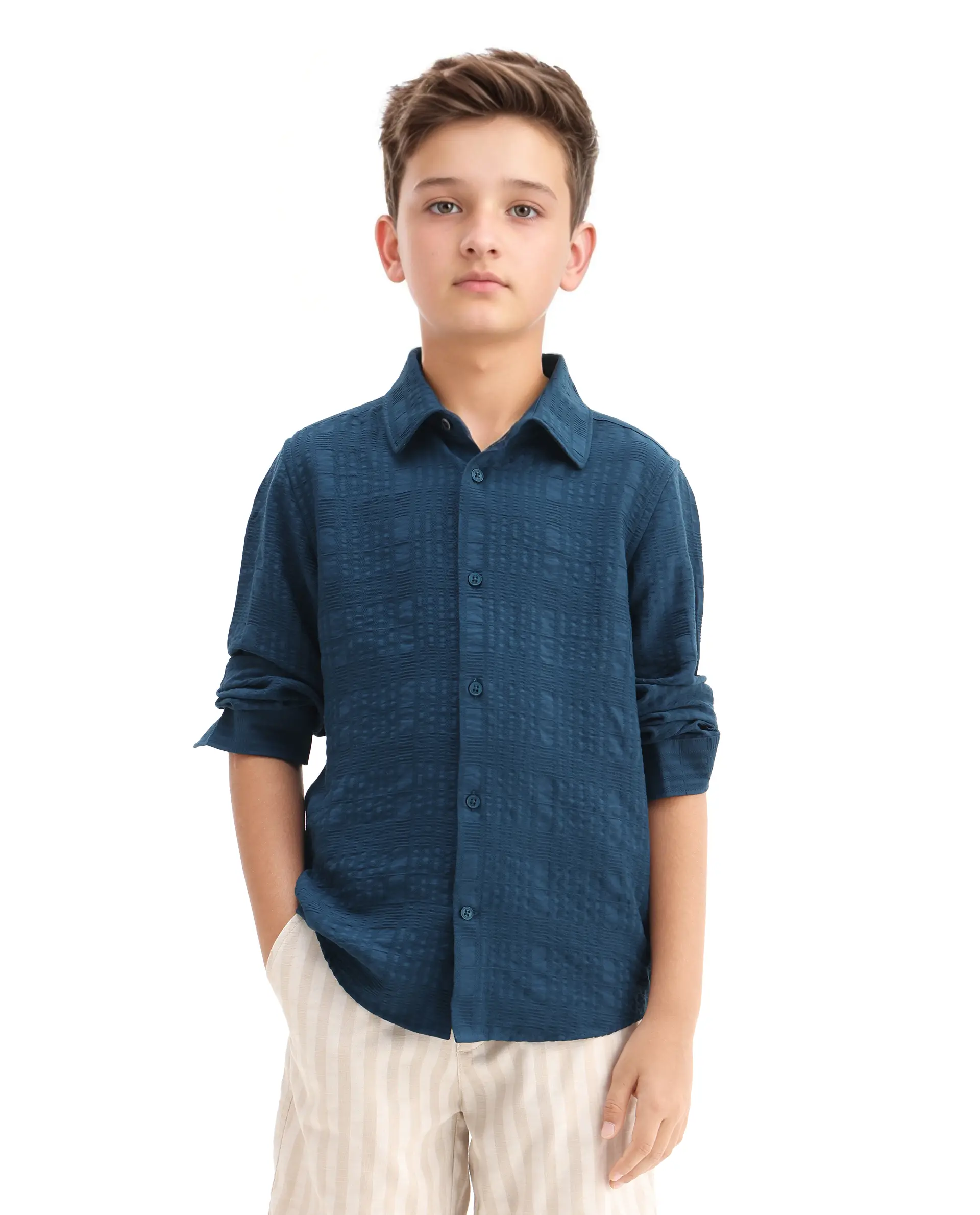 Rare Ones Kids Vack-K Teal Viscose Blend Textured Button Closure Regular Fit Shirt - Image 3