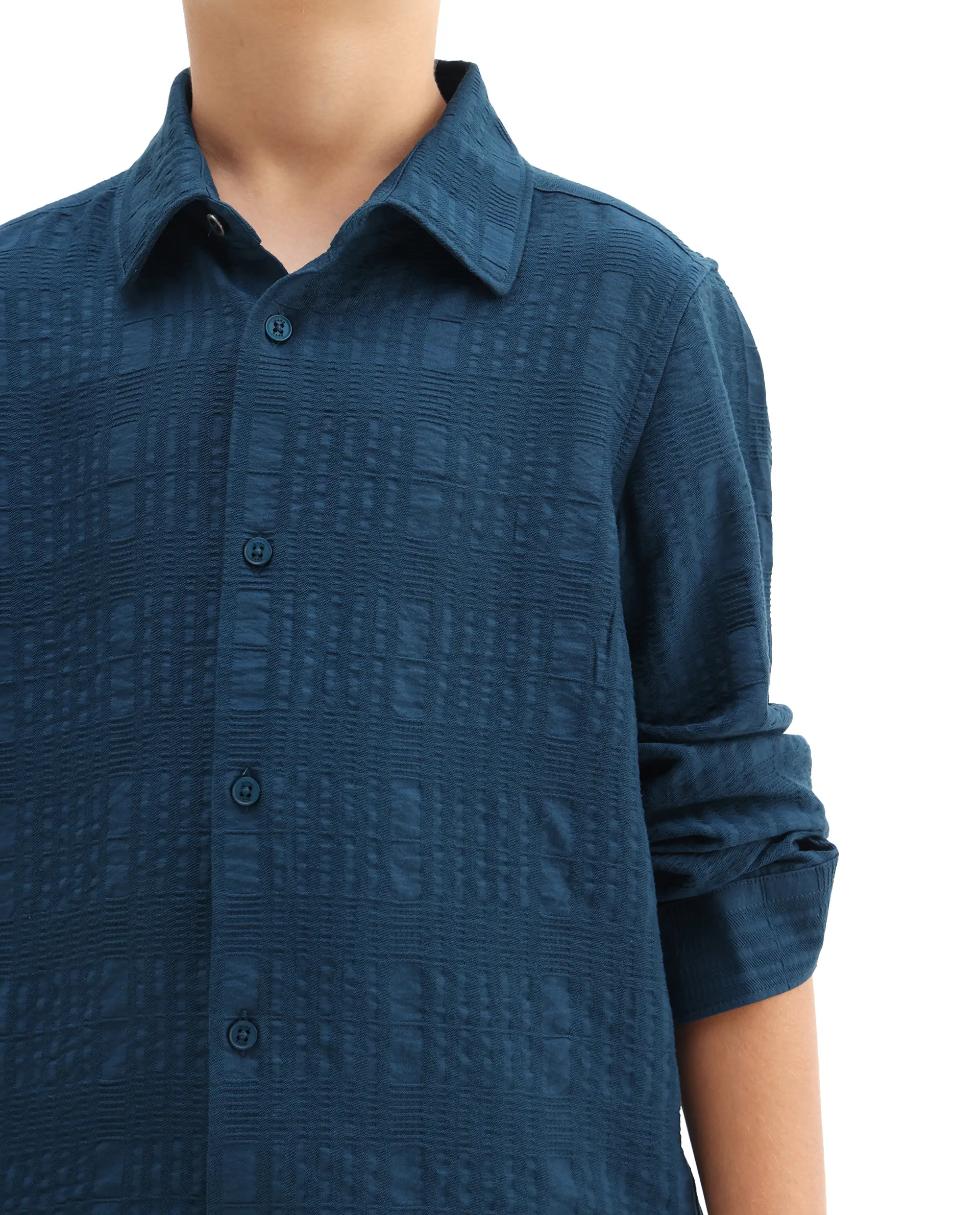 Rare Ones Kids Vack-K Teal Viscose Blend Textured Button Closure Regular Fit Shirt - Image 4