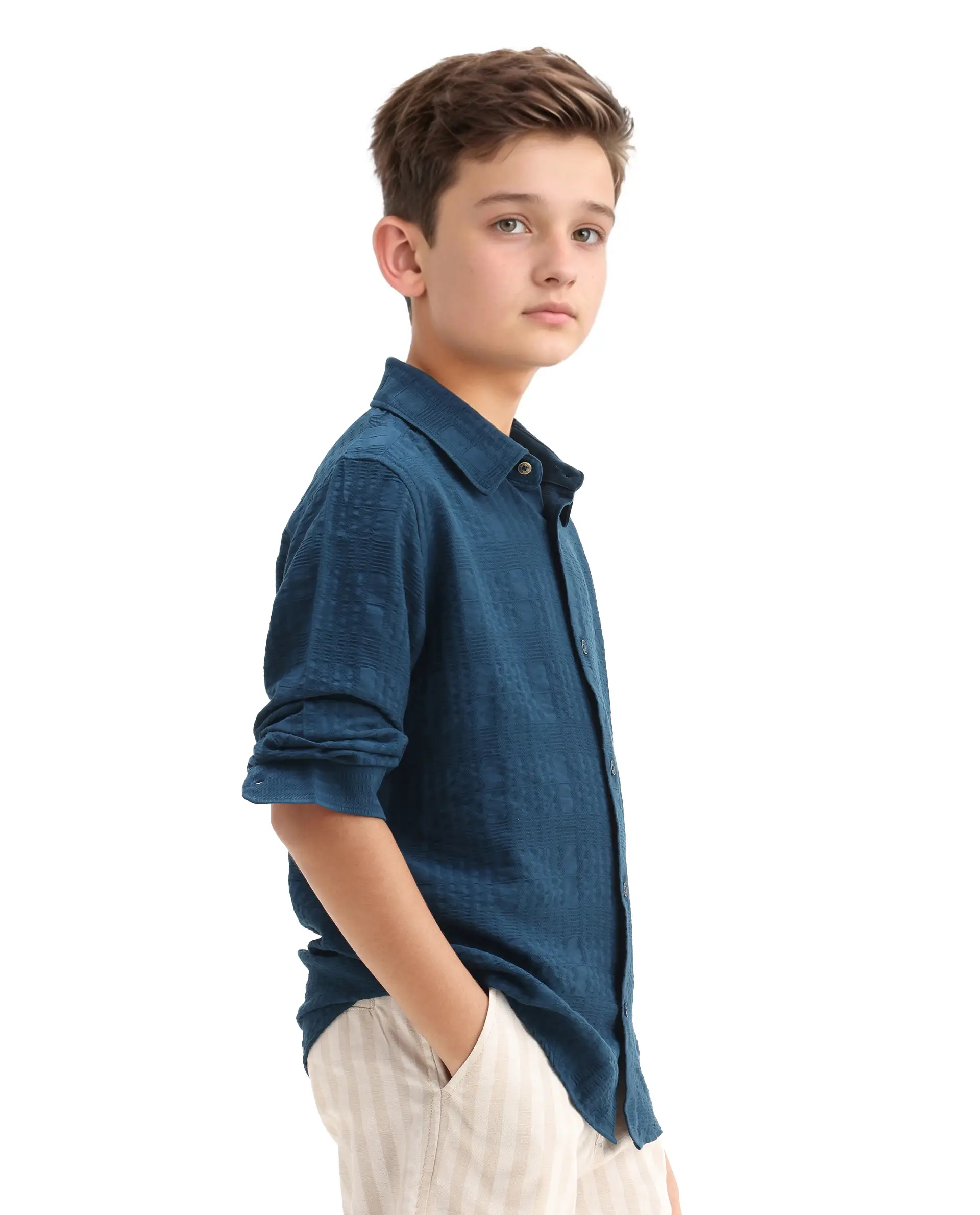 Rare Ones Kids Vack-K Teal Viscose Blend Textured Button Closure Regular Fit Shirt - Image 5