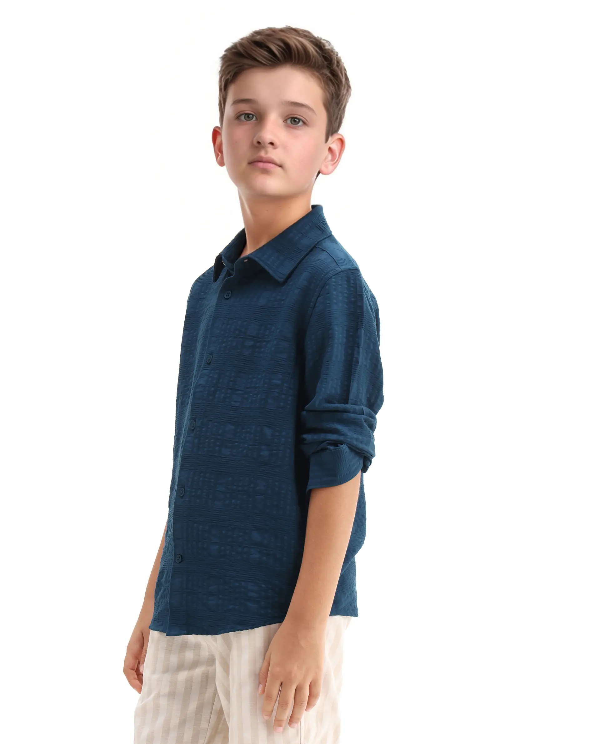 Rare Ones Kids Vack-K Teal Viscose Blend Textured Button Closure Regular Fit Shirt - Image 6