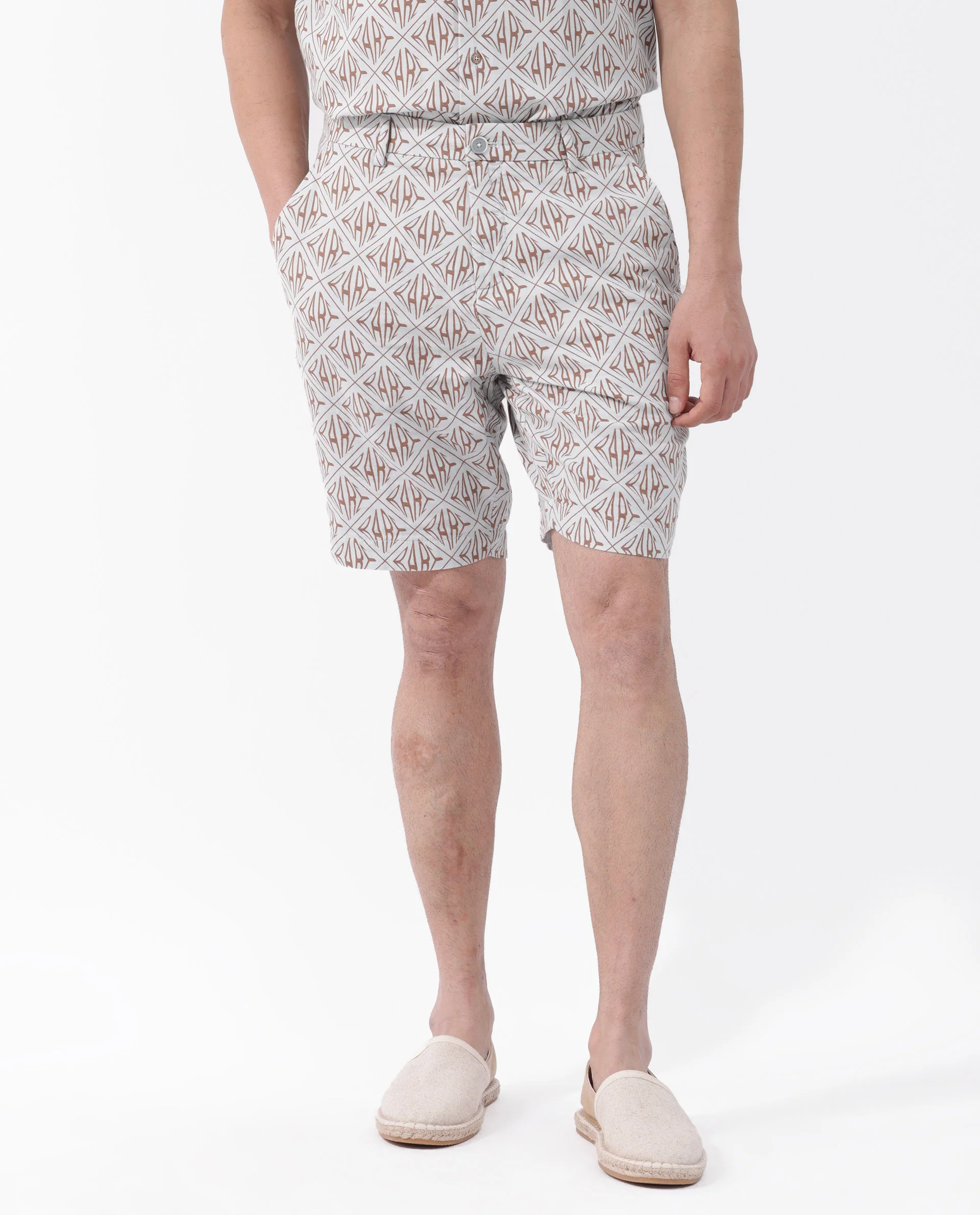 Rare Rabbit Men's Raron Pastel Blue Cotton Monogram Print Relaxed Fit Shorts - Image 3