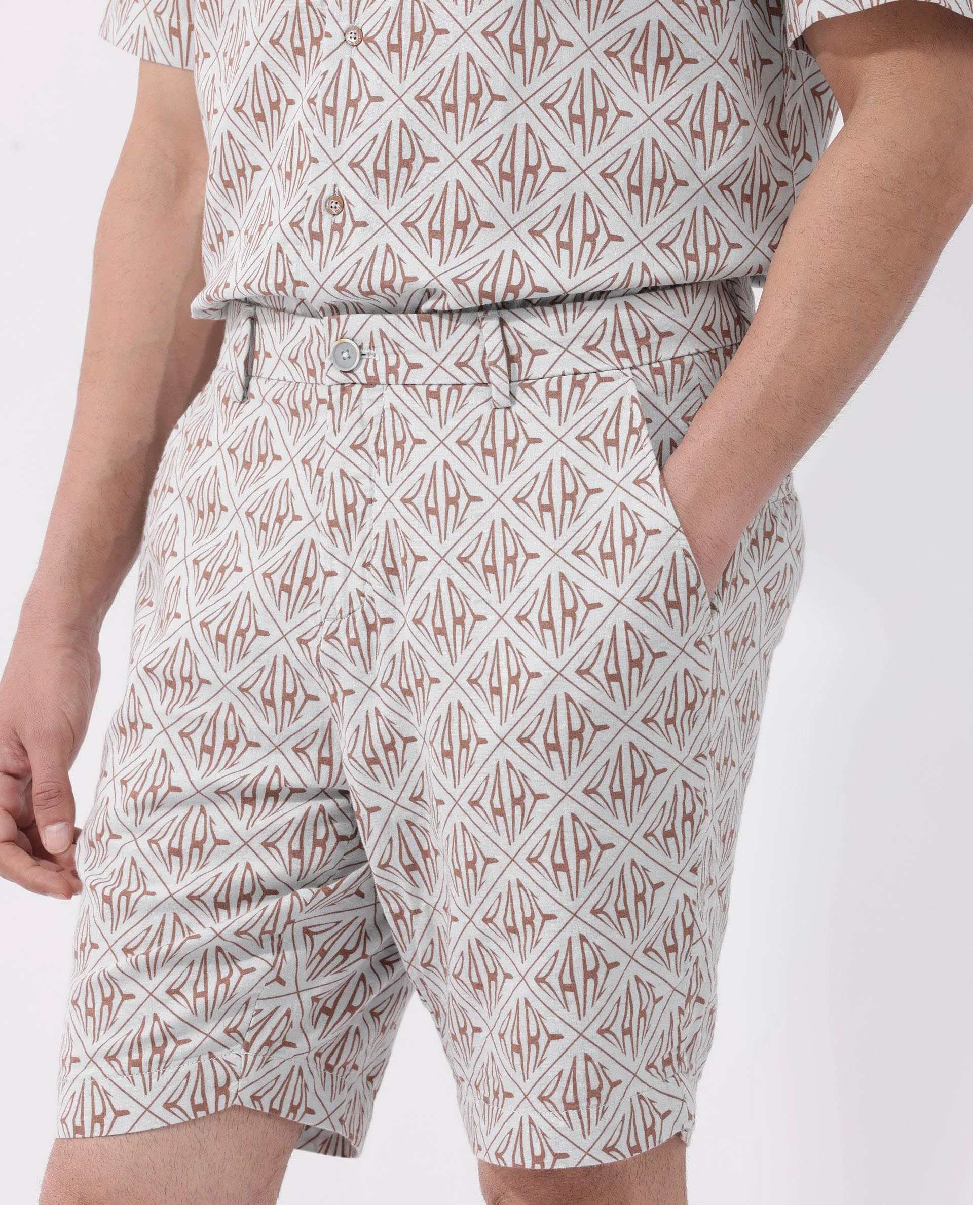 Rare Rabbit Men's Raron Pastel Blue Cotton Monogram Print Relaxed Fit Shorts - Image 5