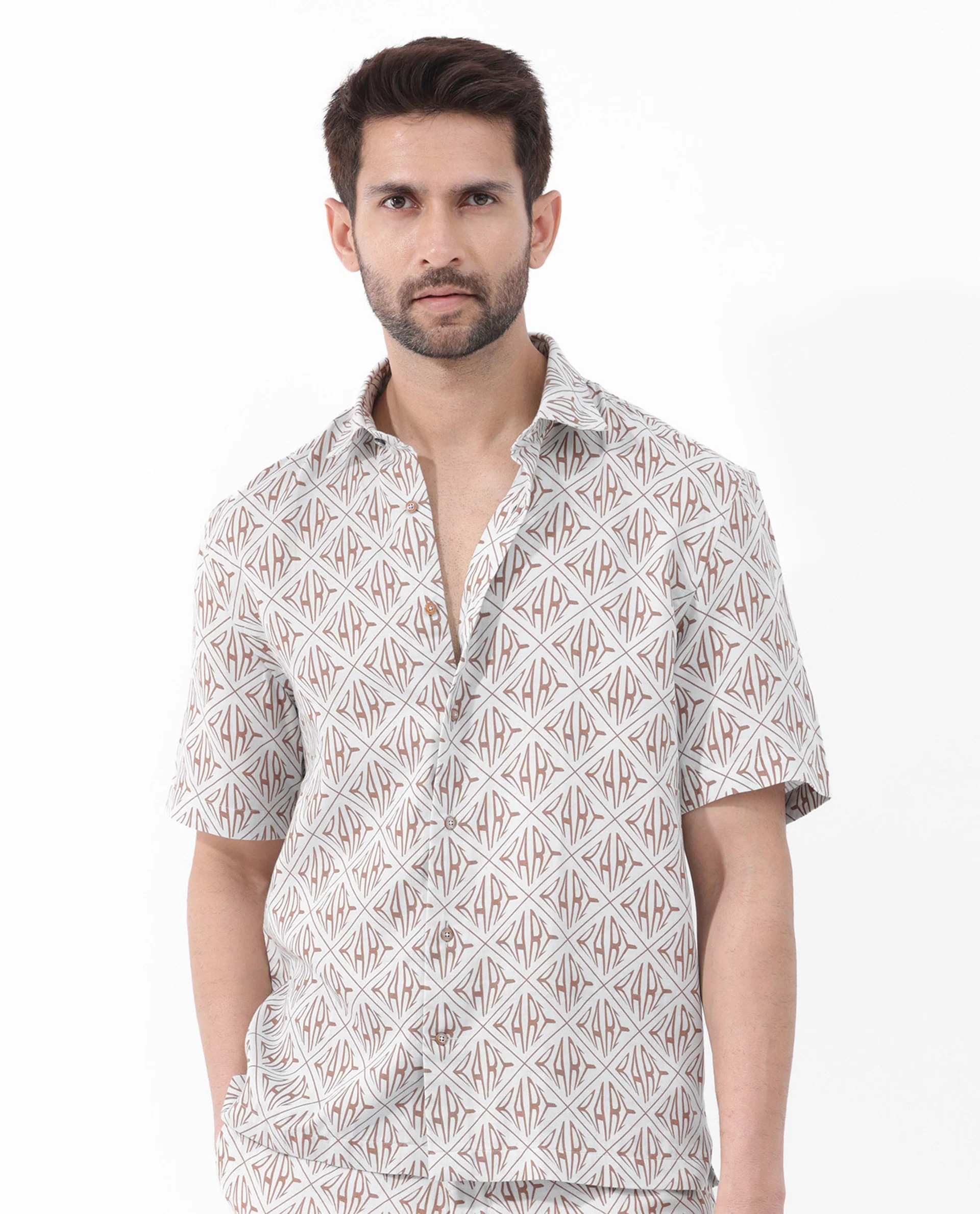 Rare Rabbit Men's Rarum Pastel Blue Cotton Monogram Print Boxy Fit Half Sleeve Spread Collar Shirt