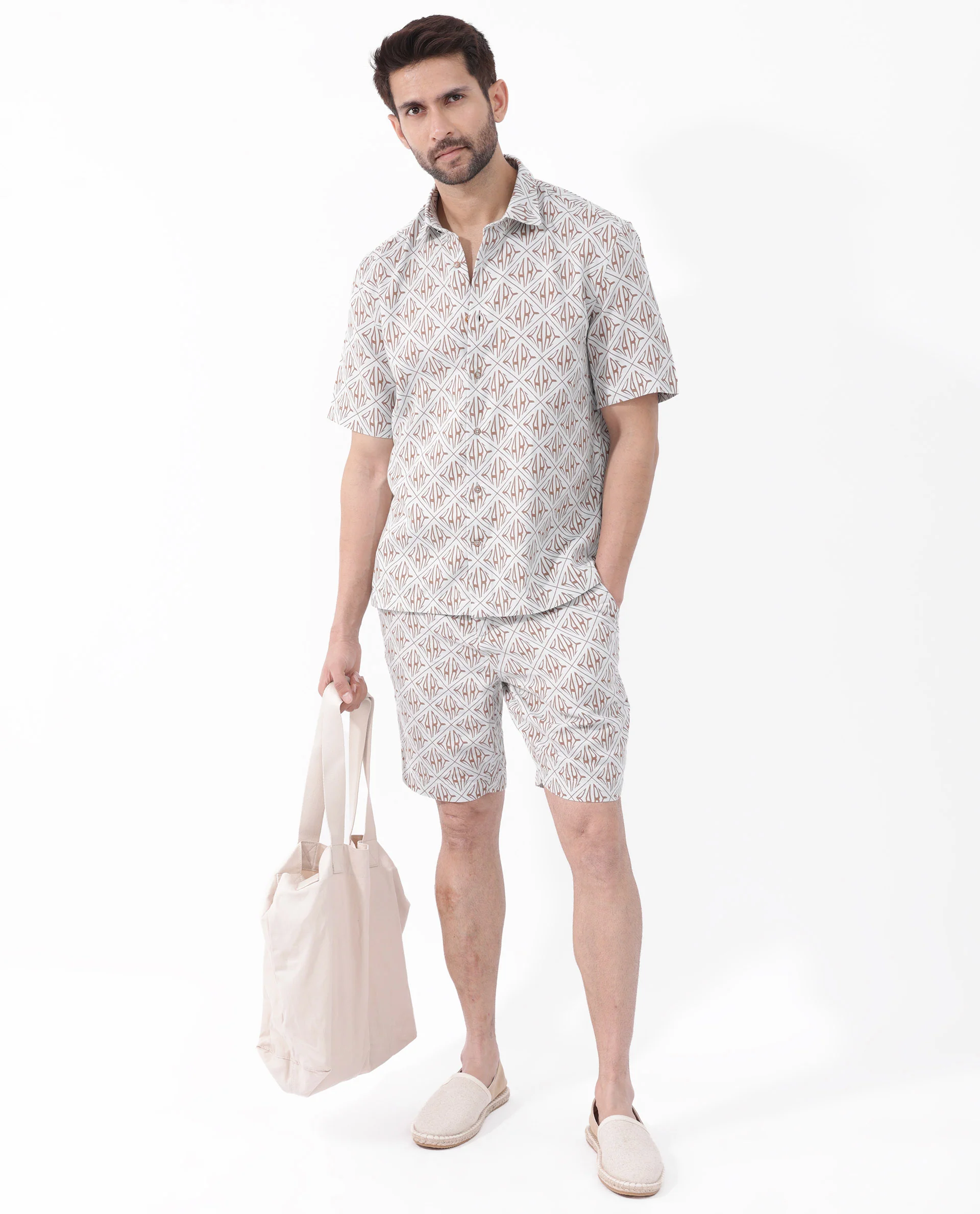 Rare Rabbit Men's Rarum Pastel Blue Cotton Monogram Print Boxy Fit Half Sleeve Spread Collar Shirt - Image 2