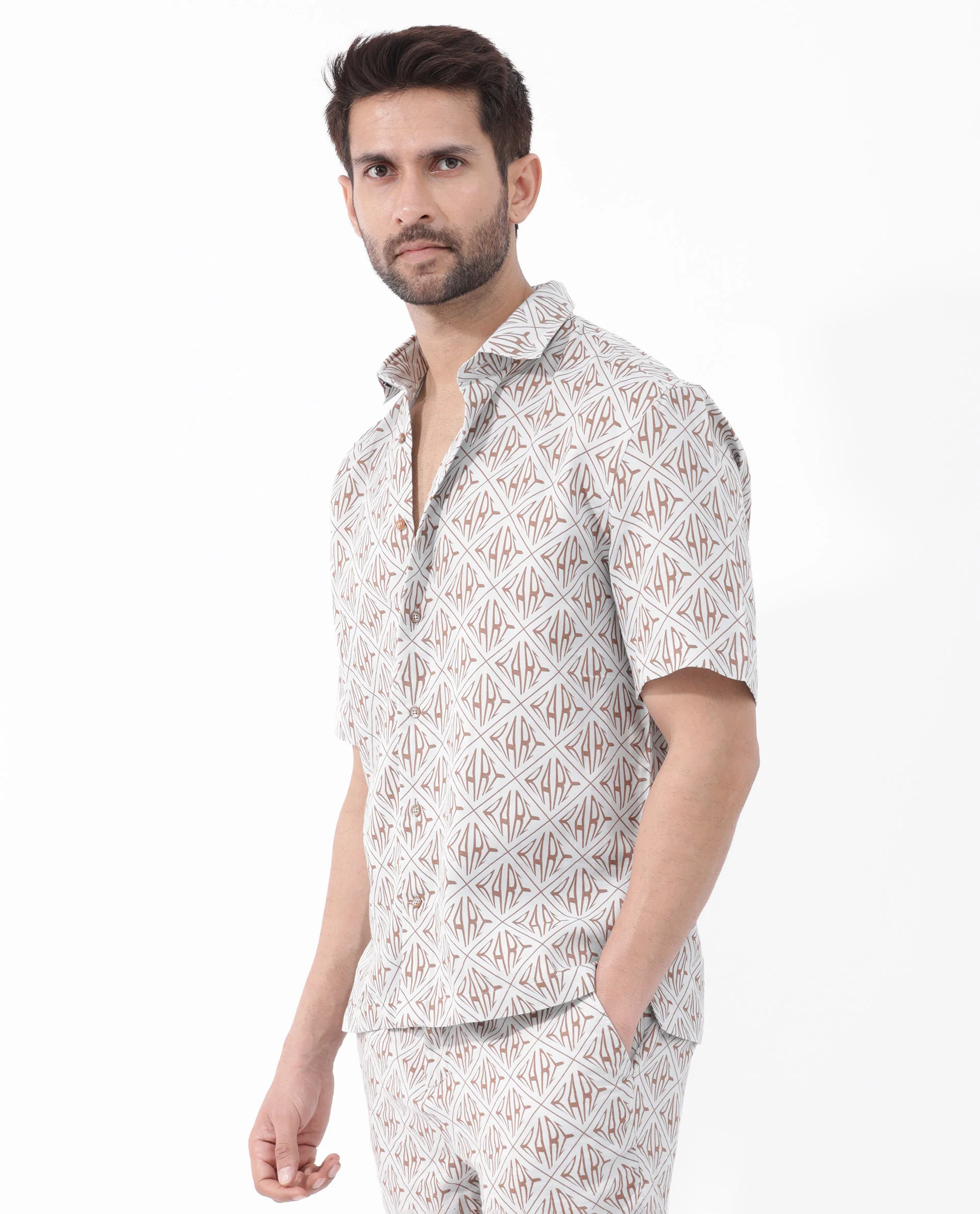 Rare Rabbit Men's Rarum Pastel Blue Cotton Monogram Print Boxy Fit Half Sleeve Spread Collar Shirt - Image 3