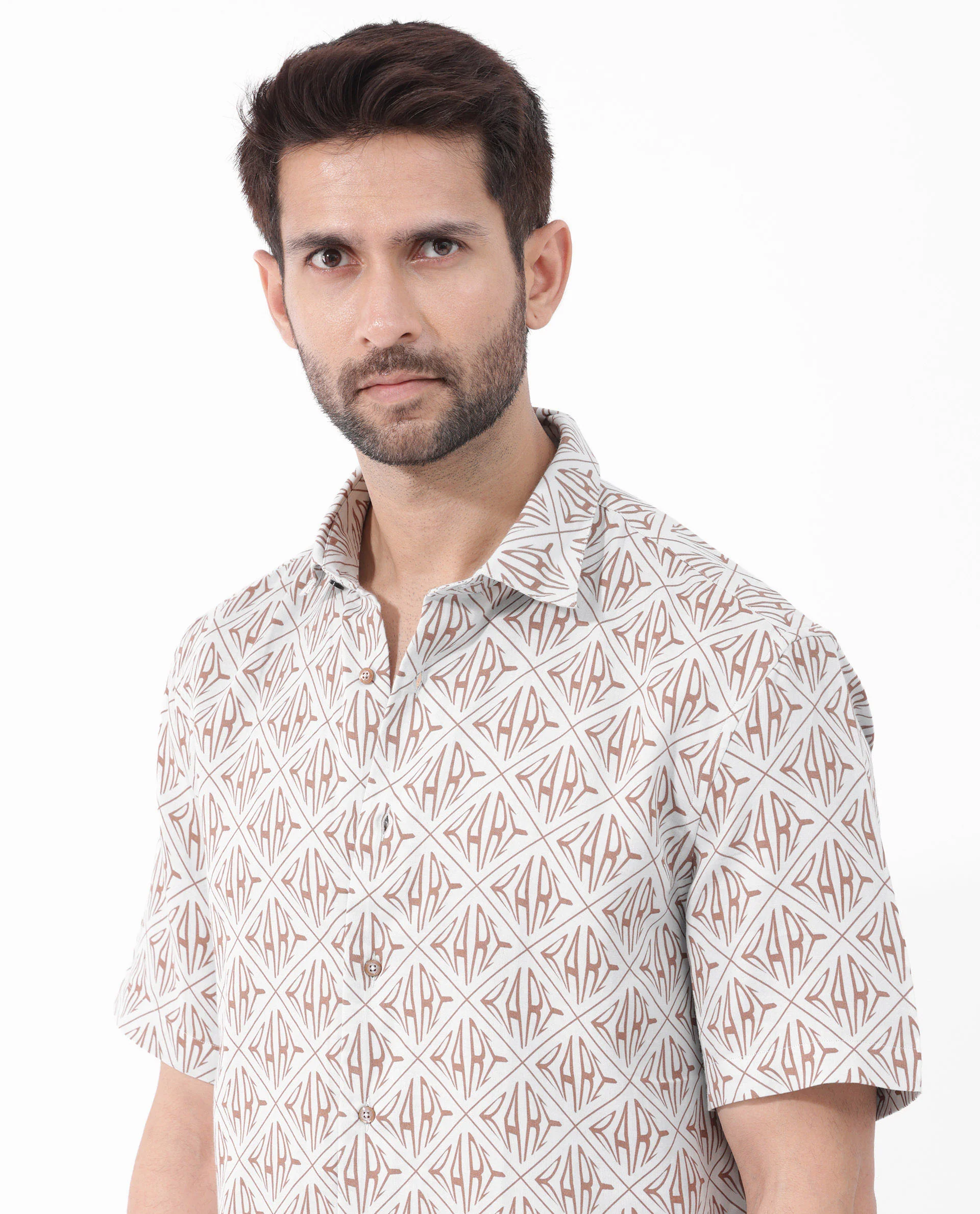 Rare Rabbit Men's Rarum Pastel Blue Cotton Monogram Print Boxy Fit Half Sleeve Spread Collar Shirt - Image 4