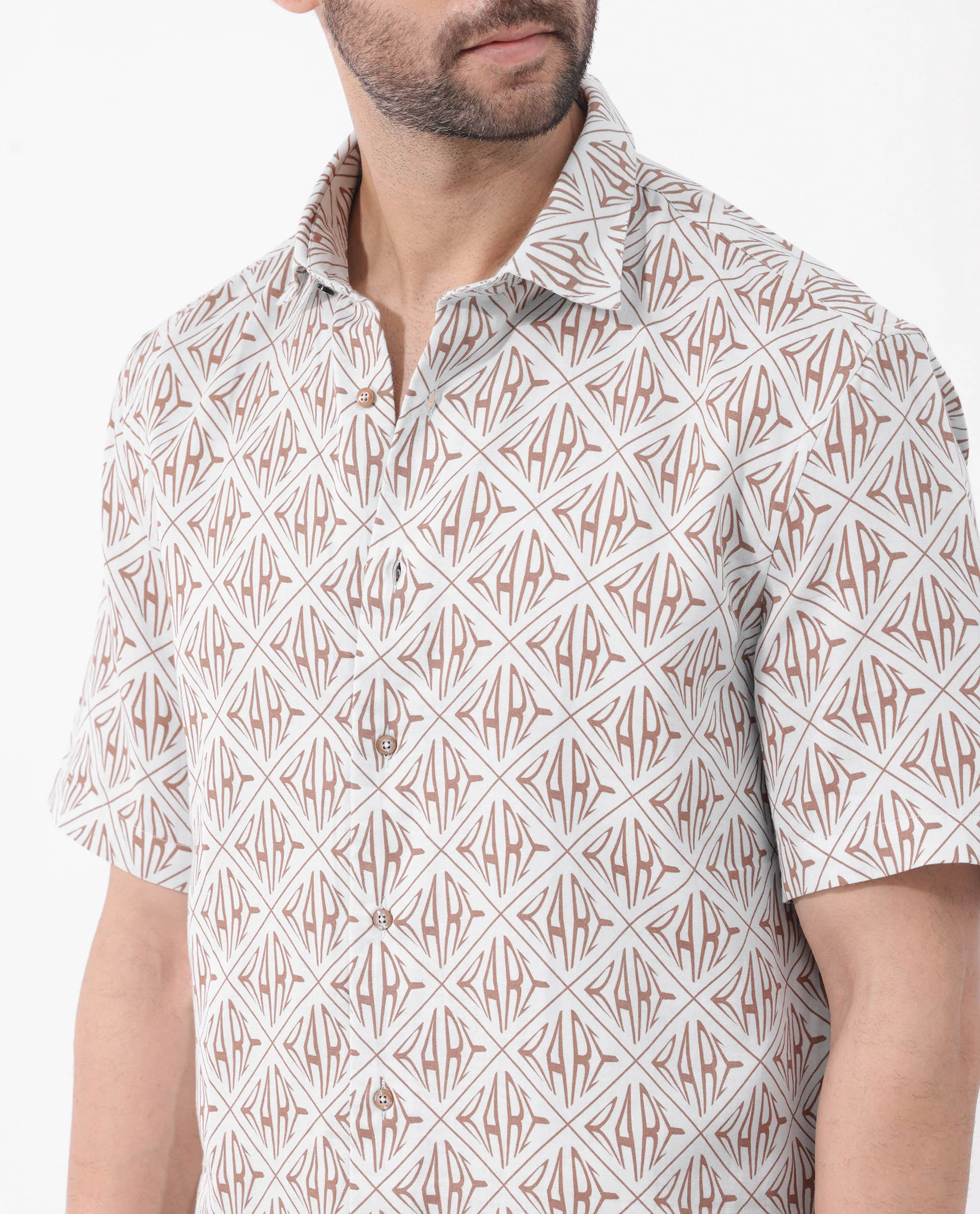 Rare Rabbit Men's Rarum Pastel Blue Cotton Monogram Print Boxy Fit Half Sleeve Spread Collar Shirt - Image 5