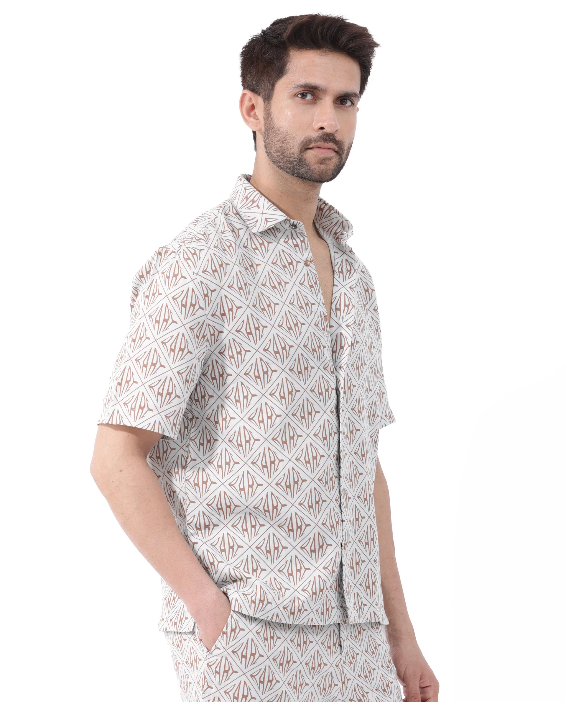 Rare Rabbit Men's Rarum Pastel Blue Cotton Monogram Print Boxy Fit Half Sleeve Spread Collar Shirt - Image 7