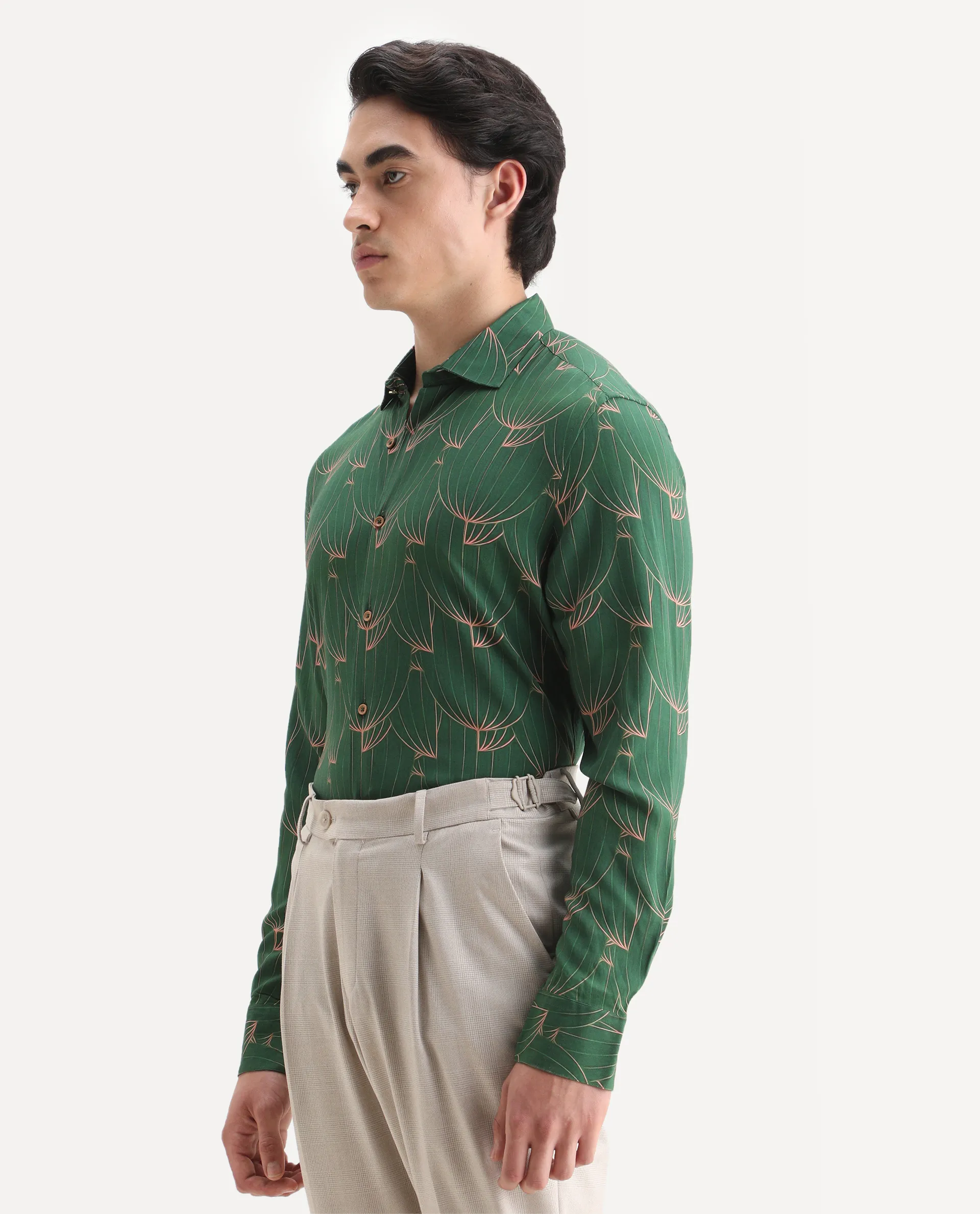 Rare Rabbit Men's Guild Statement Rasou Green Viscose Tropical Print Regular Fit Full Sleeve Collared Shirt - Image 4