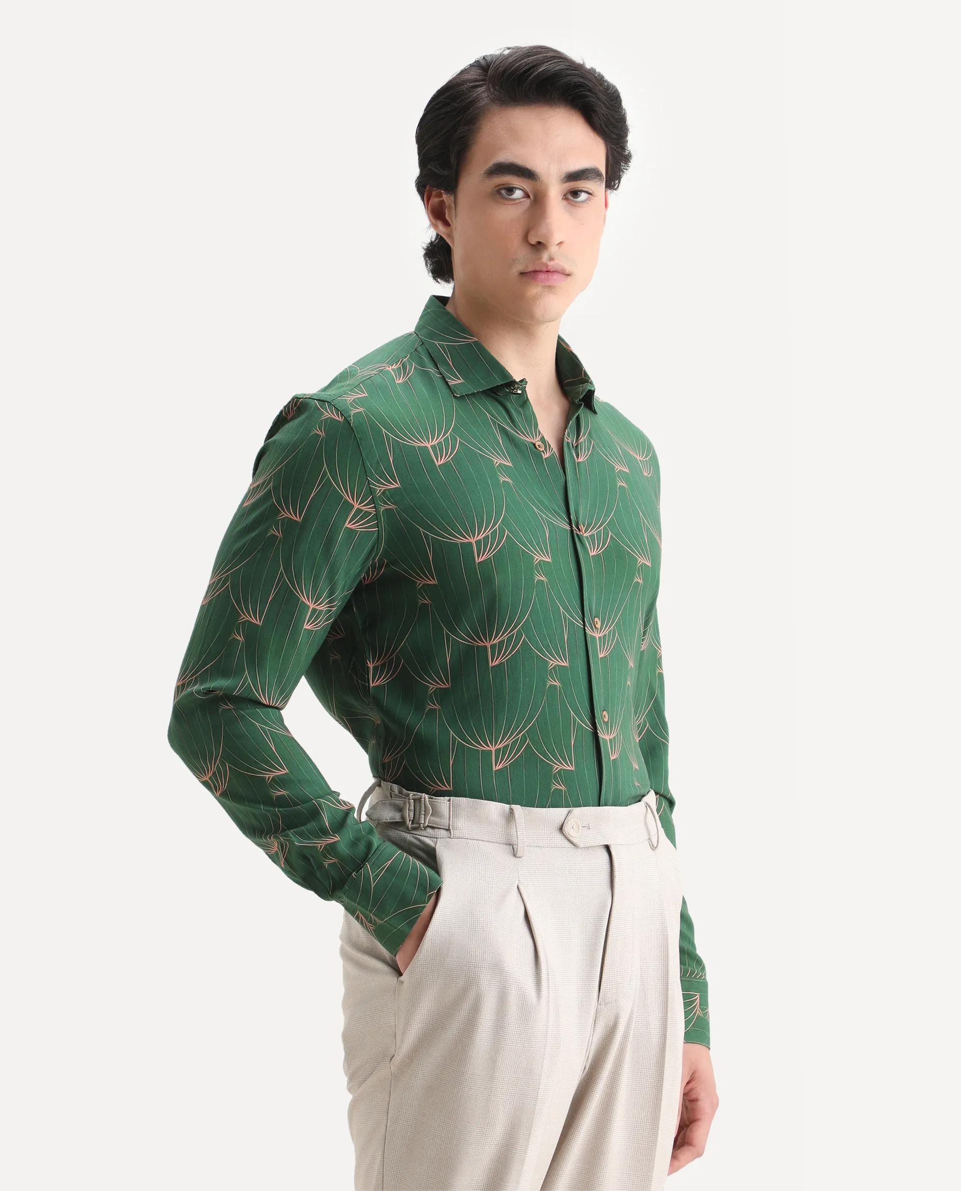 Rare Rabbit Men's Guild Statement Rasou Green Viscose Tropical Print Regular Fit Full Sleeve Collared Shirt - Image 5