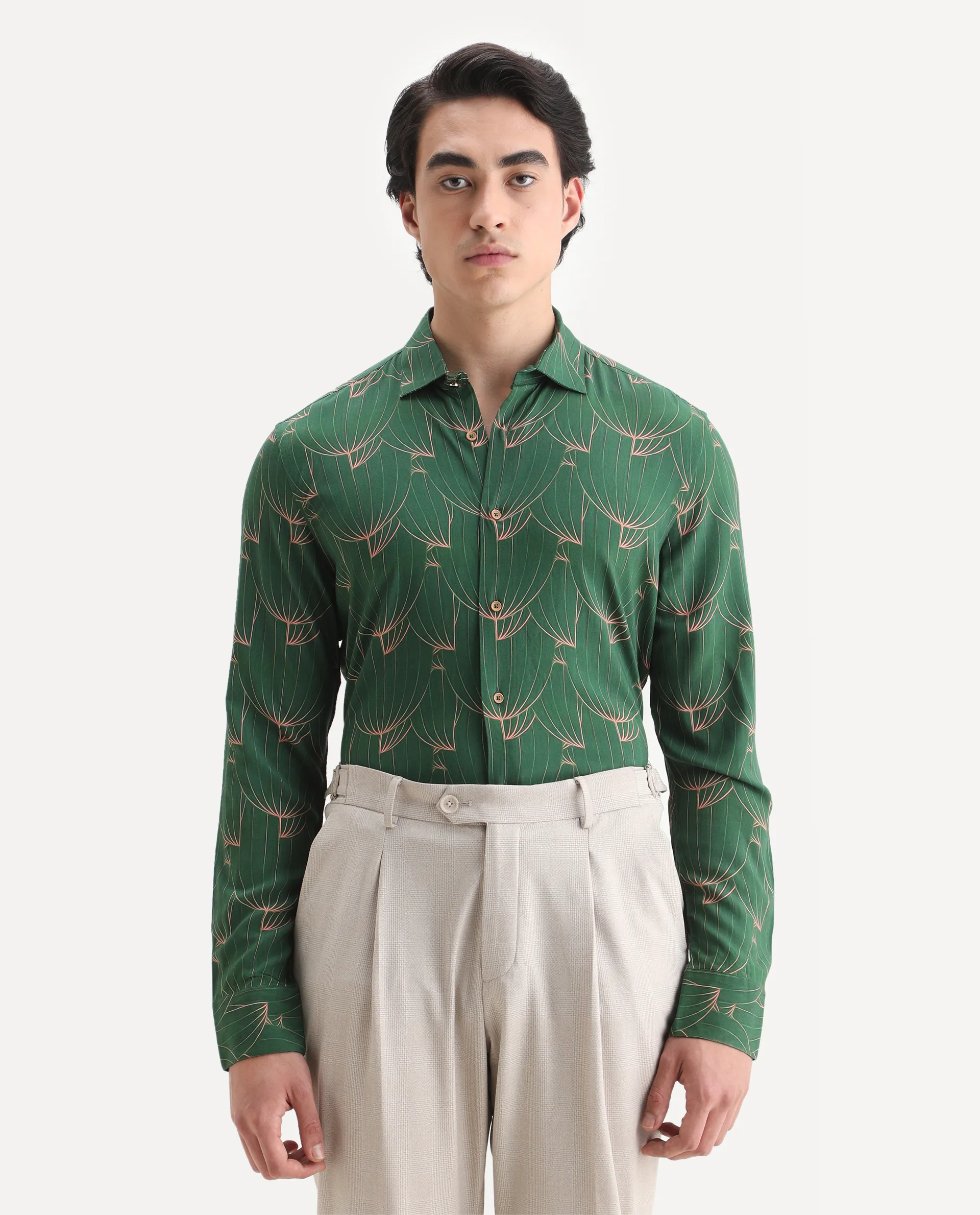 Rare Rabbit Men's Guild Statement Rasou Green Viscose Tropical Print Regular Fit Full Sleeve Collared Shirt - Image 6