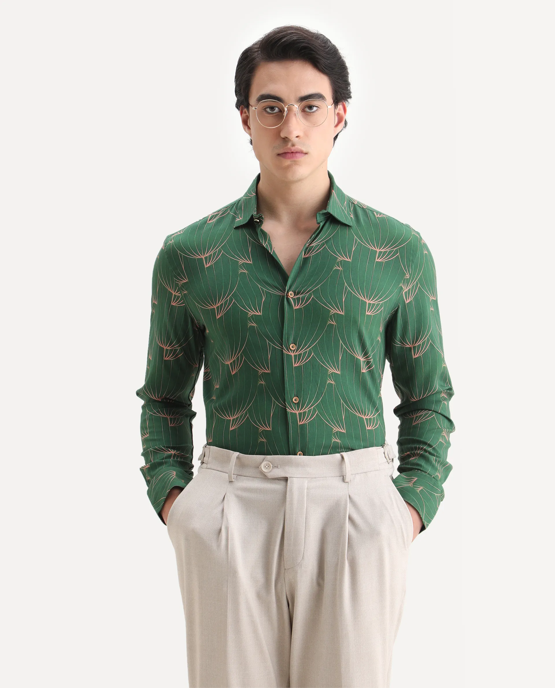 Rare Rabbit Men's Guild Statement Rasou Green Viscose Tropical Print Regular Fit Full Sleeve Collared Shirt - Image 7
