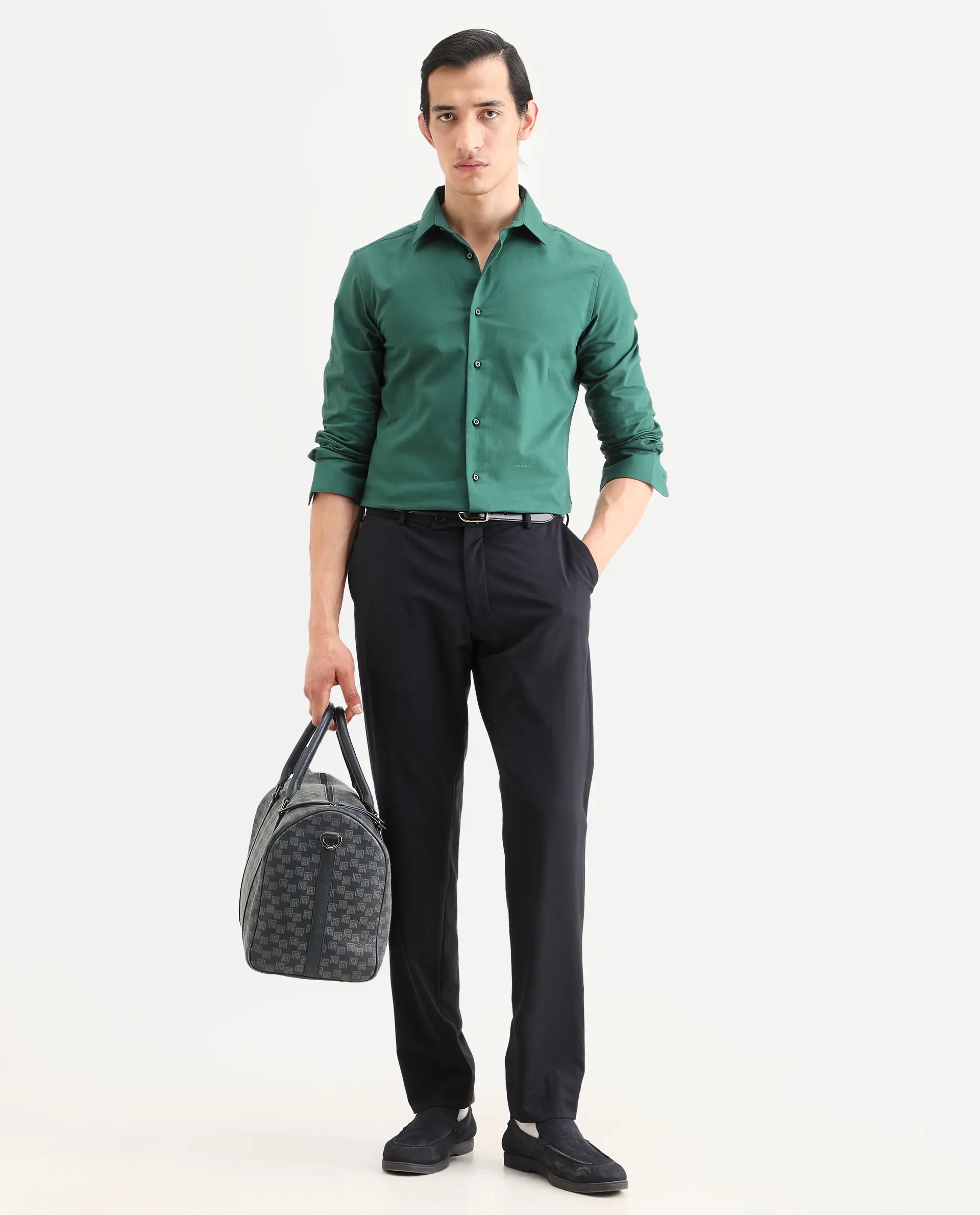 Rare Rabbit Men's Rath Dark Green Cotton Fabric Full Sleeve Spread Collar Regular Fit Plain Shirt - Image 2