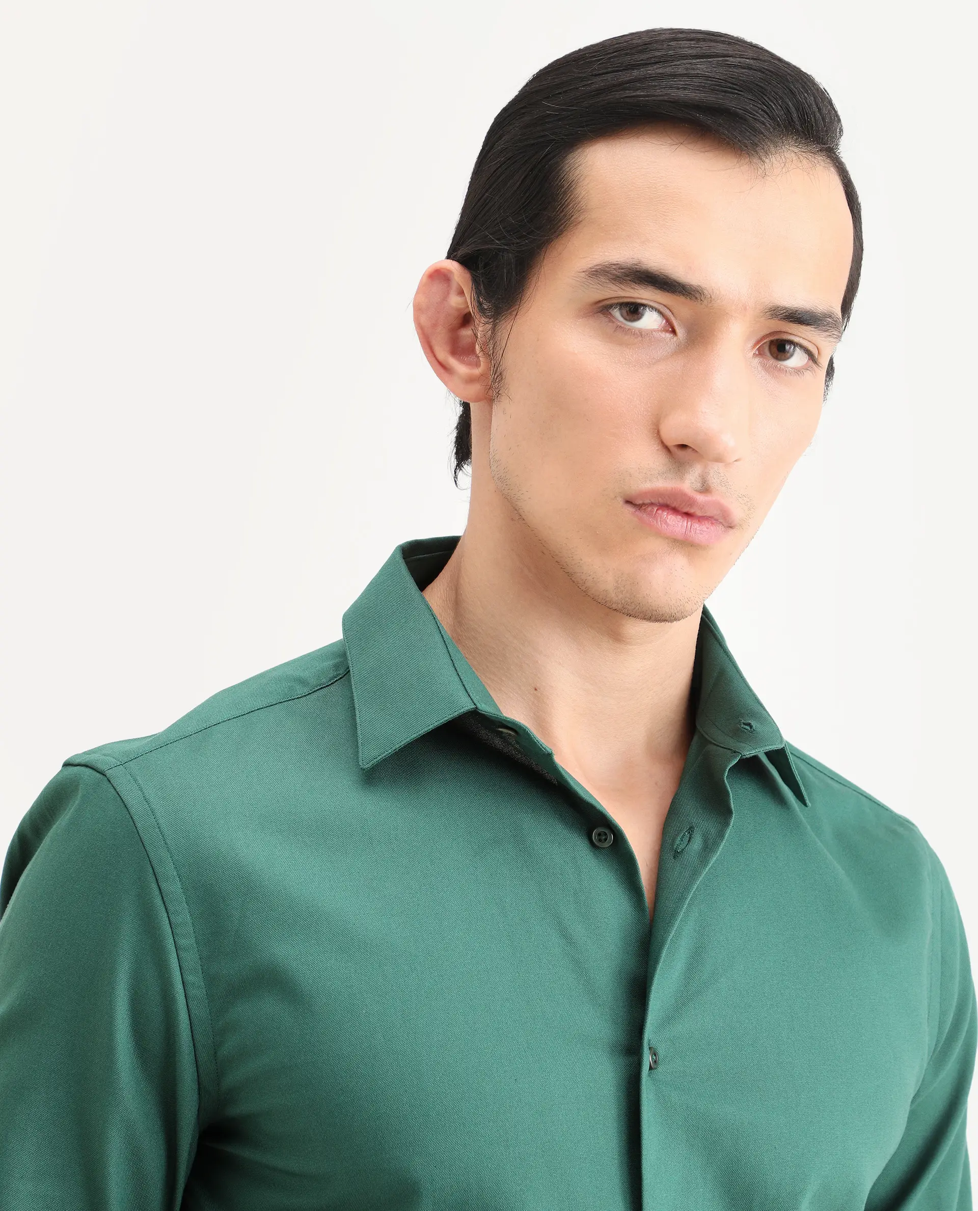 Rare Rabbit Men's Rath Dark Green Cotton Fabric Full Sleeve Spread Collar Regular Fit Plain Shirt - Image 3